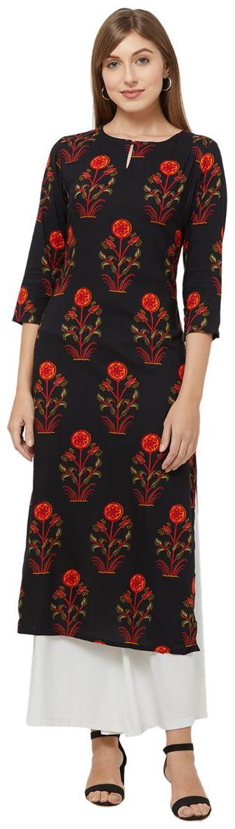 

Indian Beauty Women Black Floral Straight Kurti