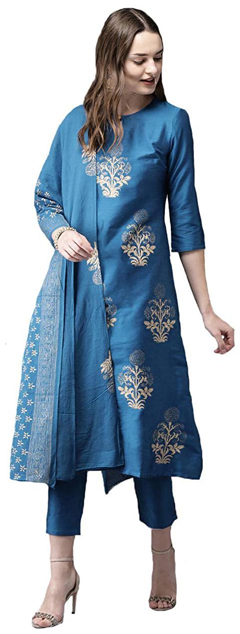 

Indian Beauty Women Blue Floral Straight Kurta With Trousers And Dupatta