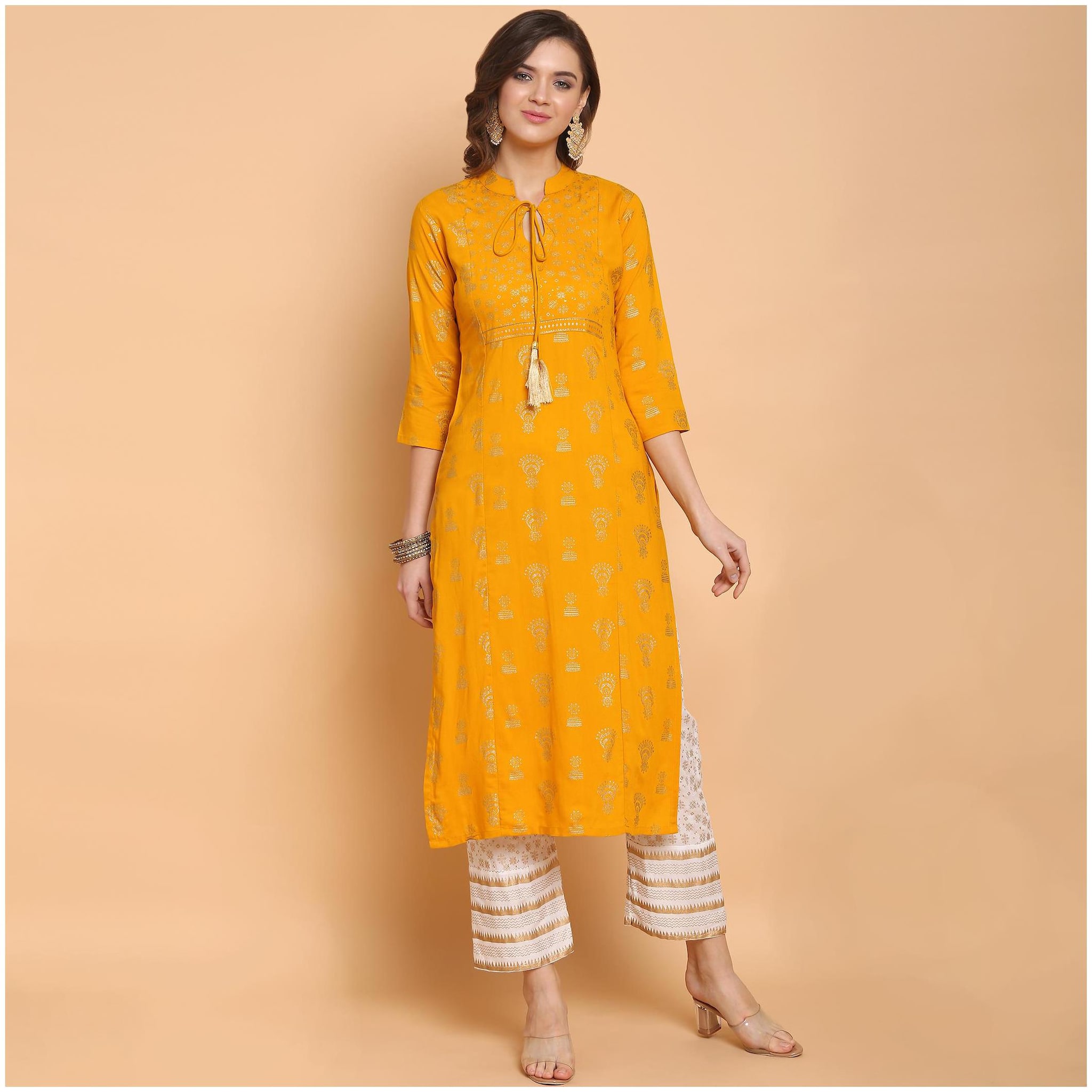 

Indian Beauty Women Viscose Rayon Foil Print Yellow Kurta With Pants