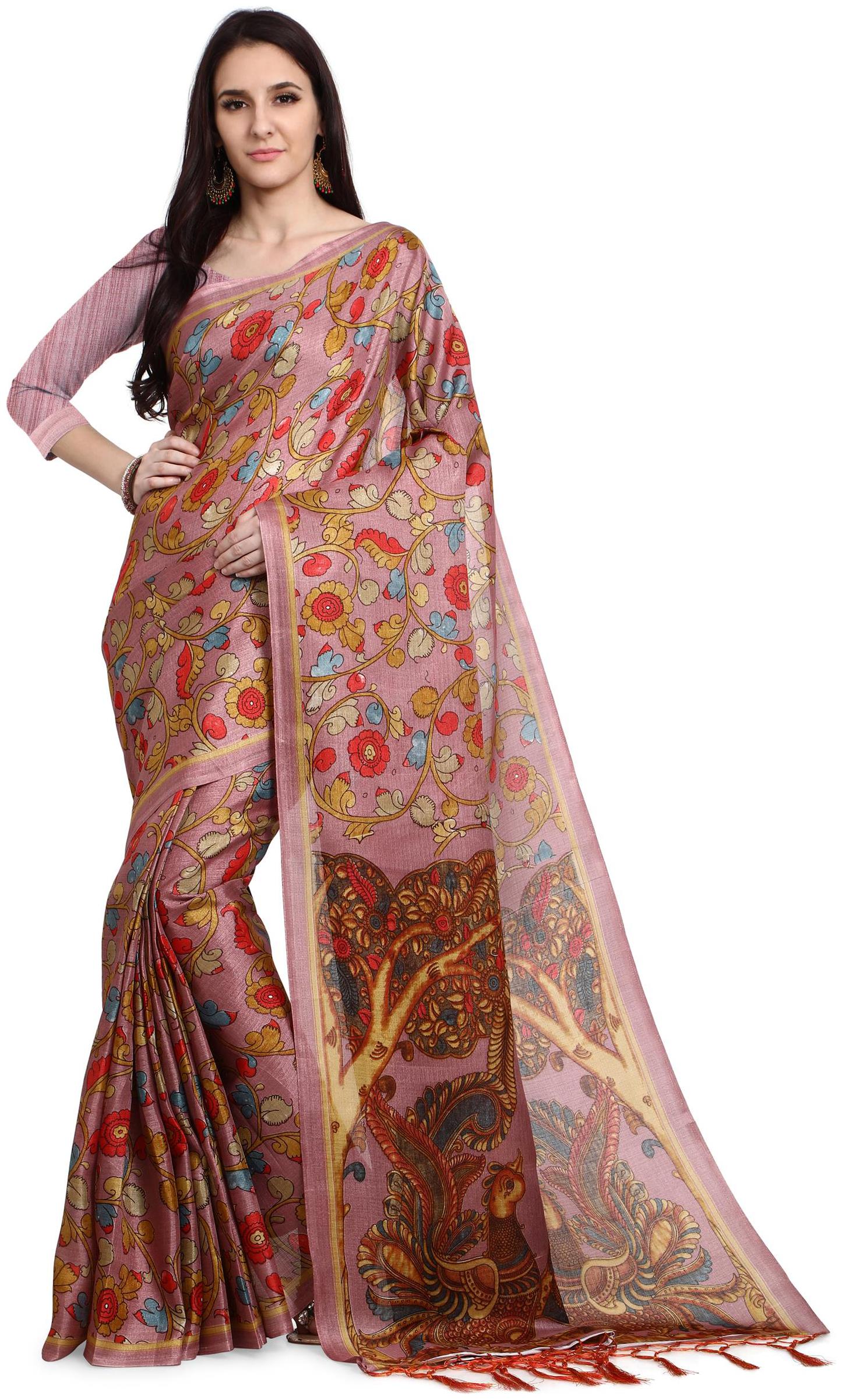 

Indian Beauty Women Pink Silk Floral Saree