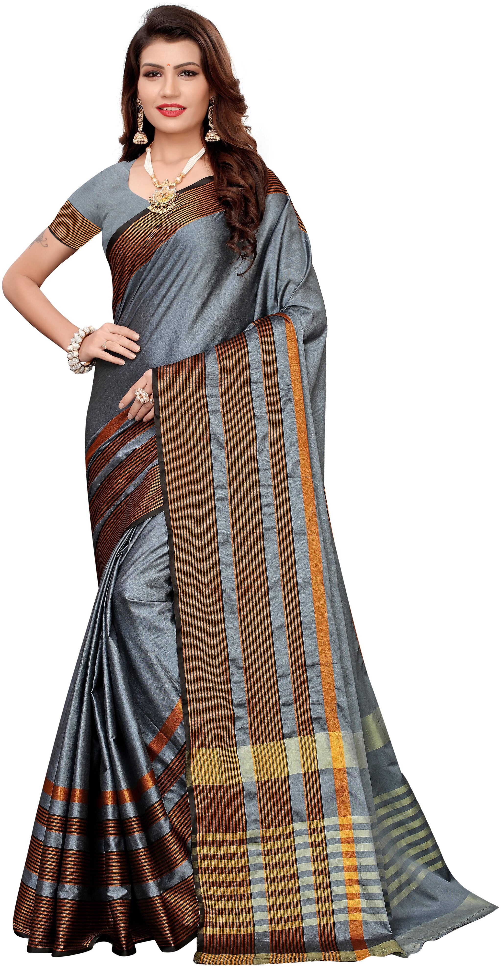 

Indian Beauty Grey Striped Universal Regular Saree With Blouse With blouse