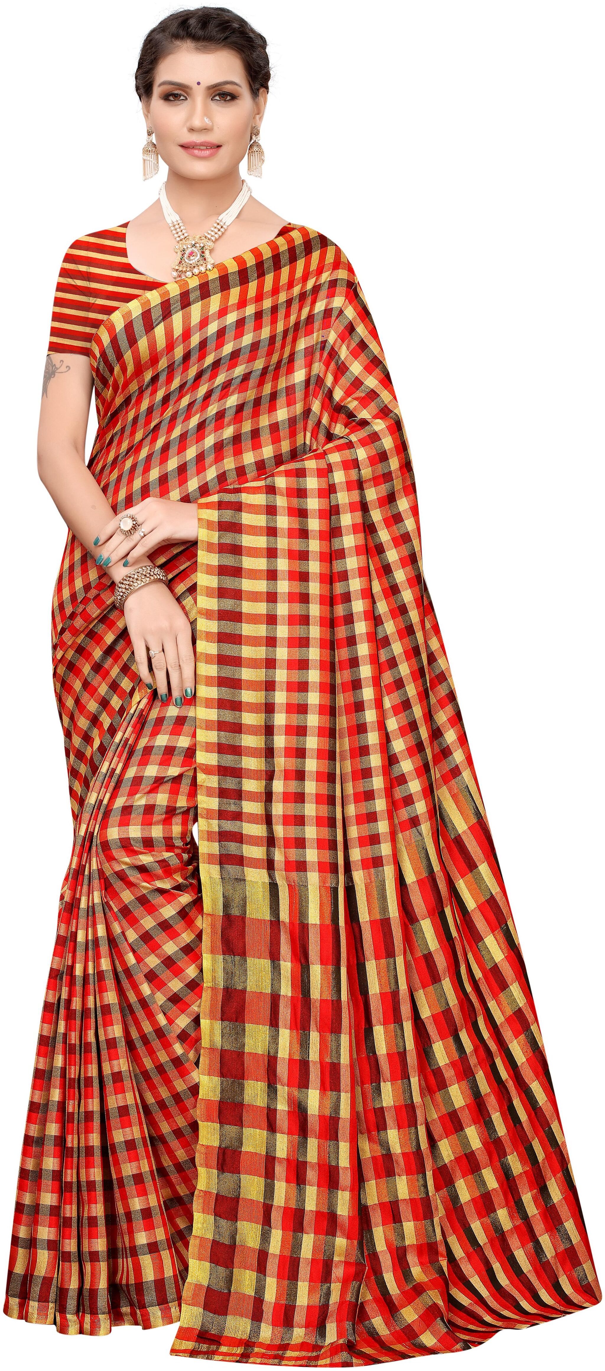 

Indian Beauty Red Checkered Universal Regular Saree With Blouse With blouse
