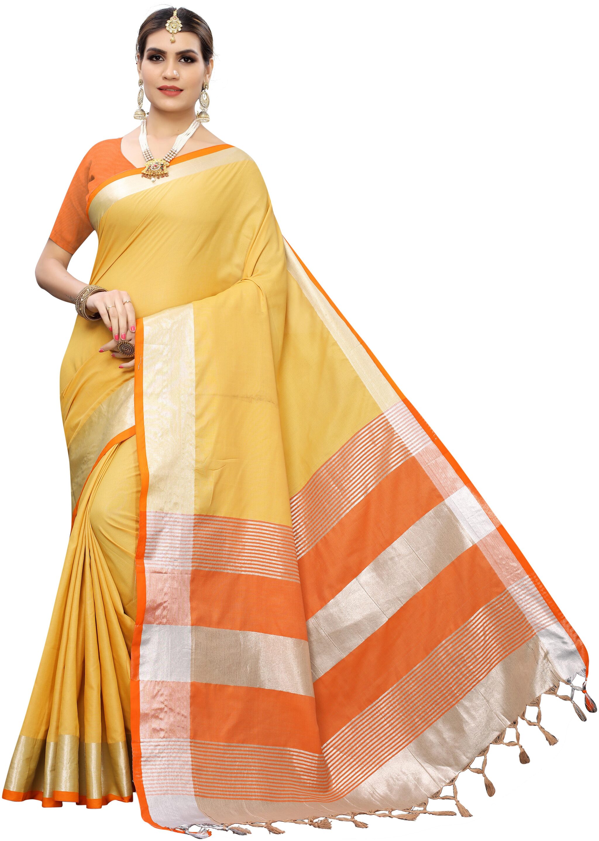 

Indian Beauty Women s Silk Saree With Blouse Piece (Orange Yellow)