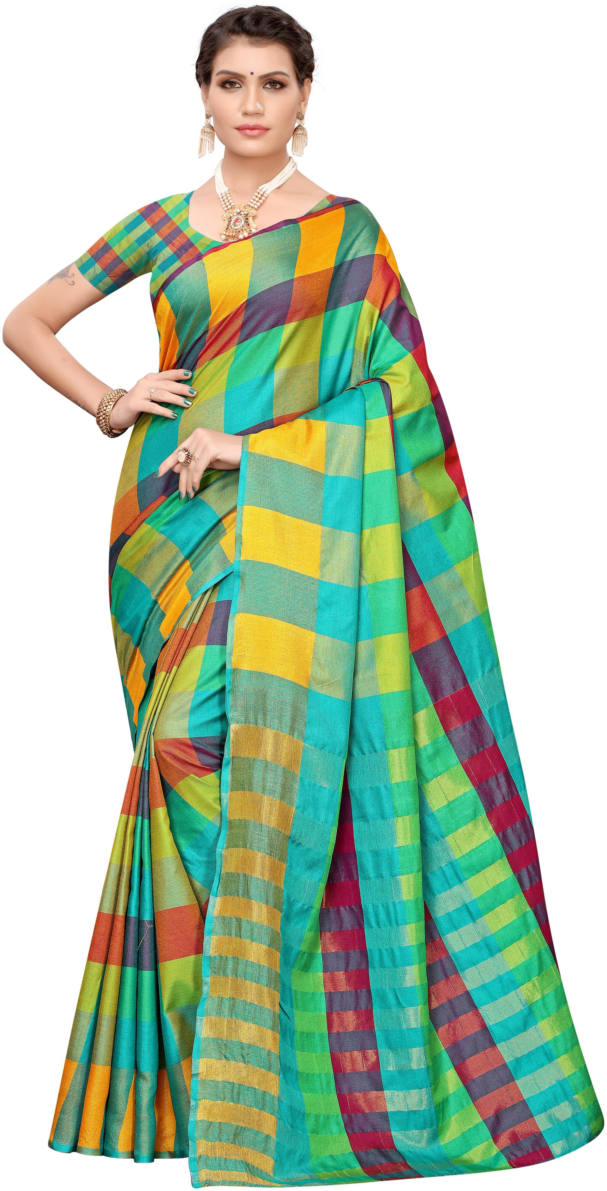 

Indian Beauty Green Checkered Universal Regular Saree With Blouse With blouse