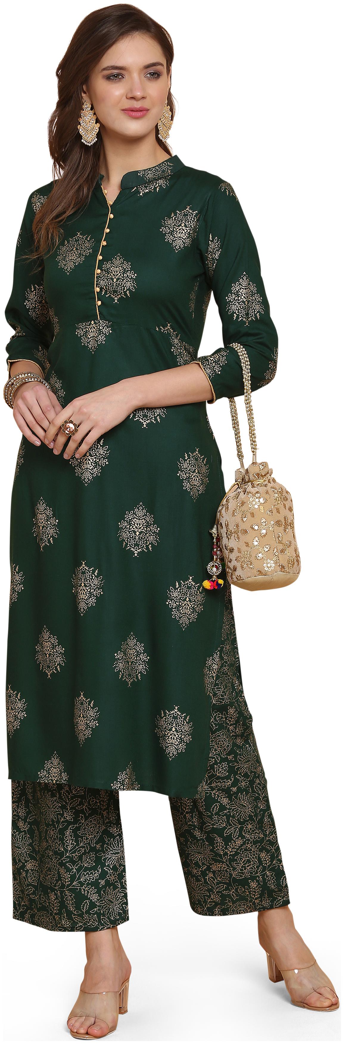 

Indian Beauty Viscose Rayon Green Foil Print Kurta Palazzo For Women
