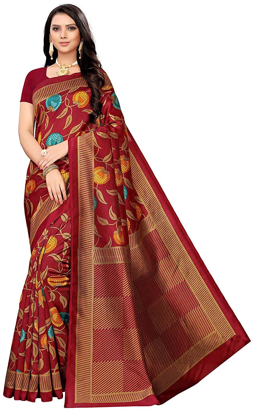 

Indian Beauty Women Silk Floral Red Regular Saree With Blouse