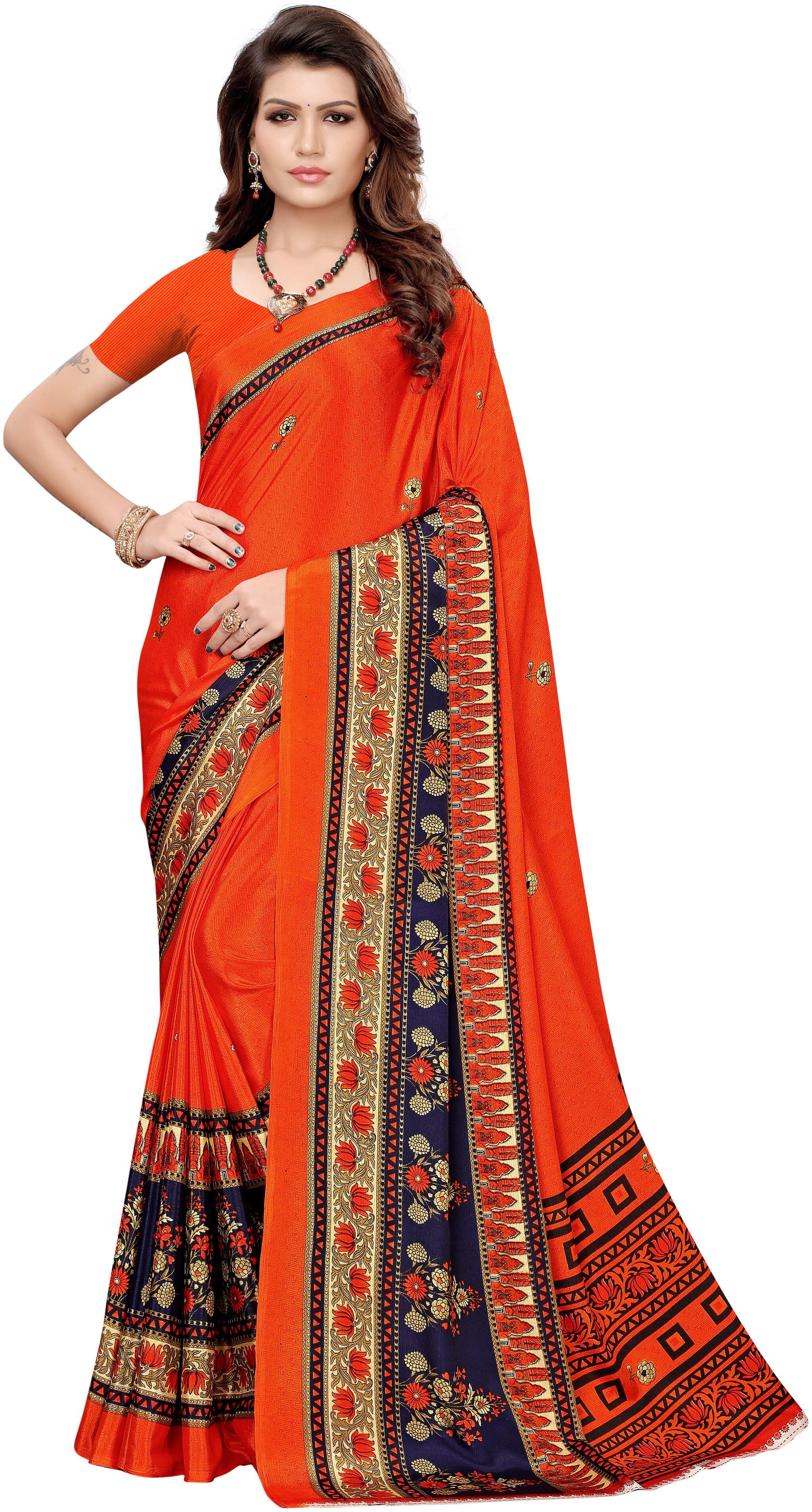 

Indian Beauty Women Blended Universal Saree Orange color