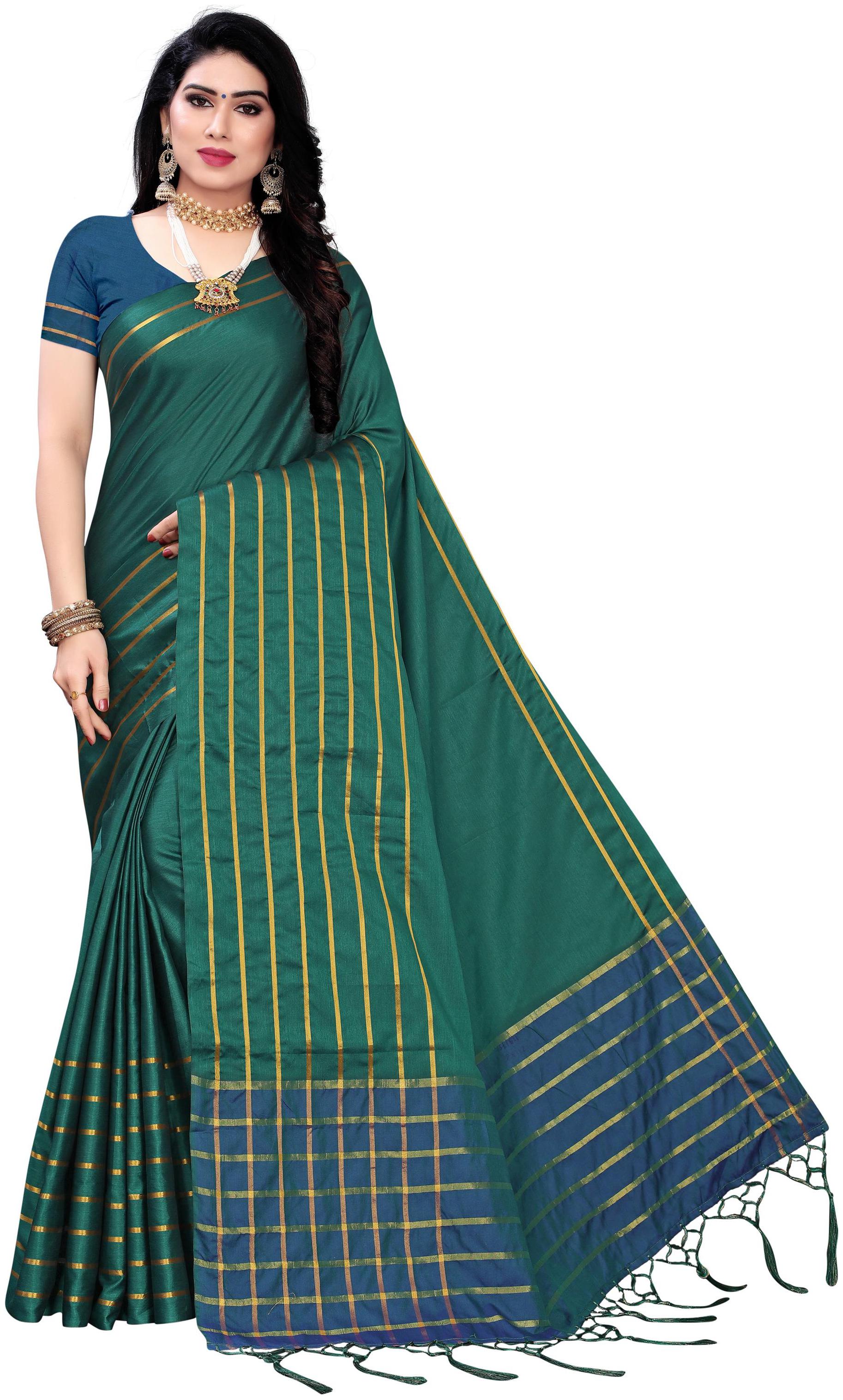 

Indian Beauty Women Cotton Blend Striped Saree With Blouse Piece (Green)