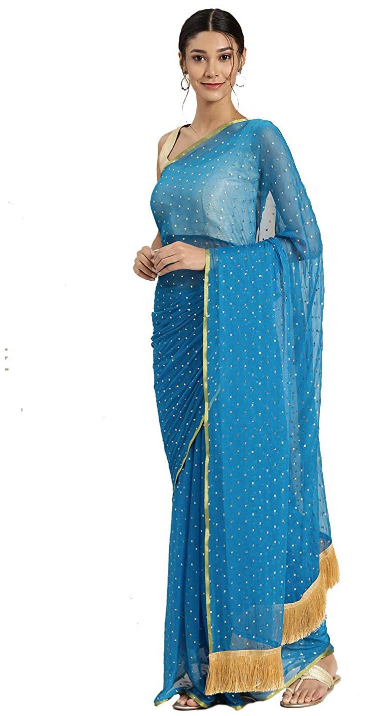 

Indian Beauty Women s Chiffon Embellished Regular Saree With Blouse Piece (Blue)