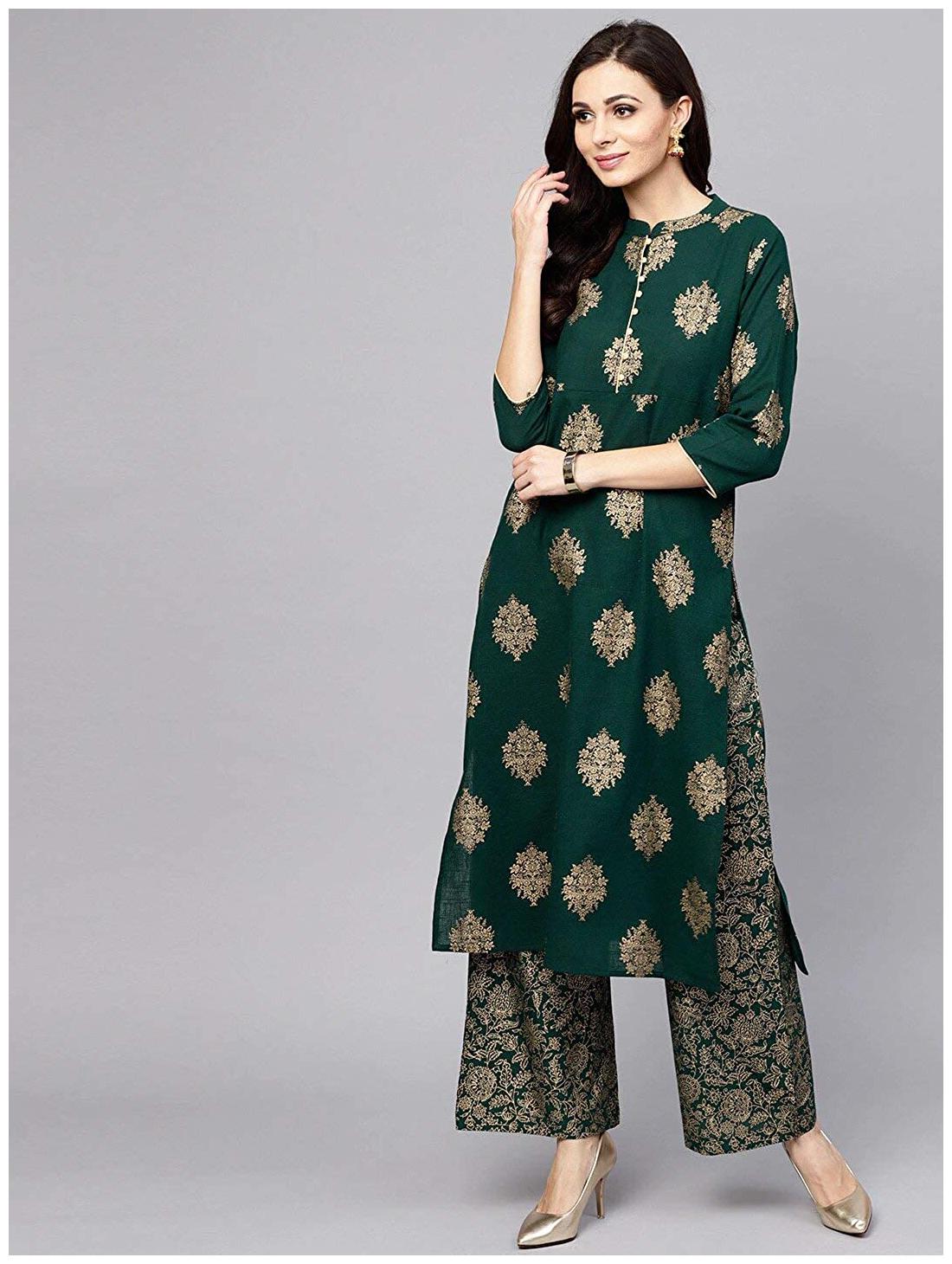 

Indian Beauty Women Green Floral Regular Kurta With Palazzo