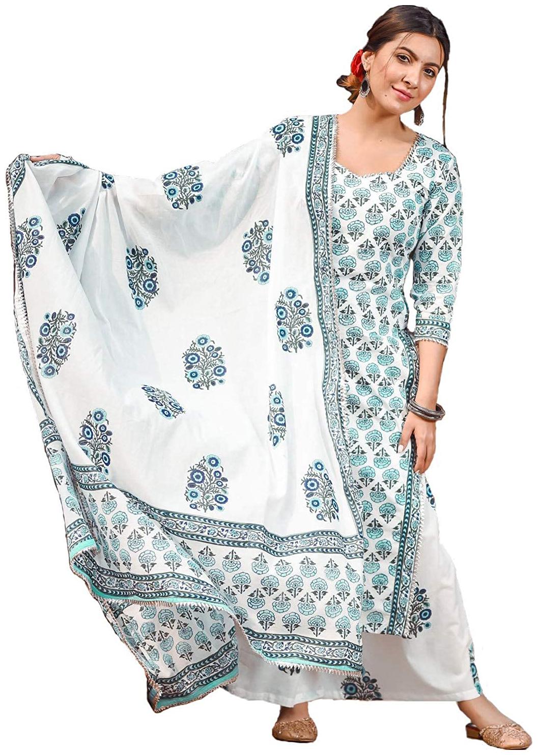

Indian Beauty Women White Floral Straight Kurta With Palazzo And Dupatta