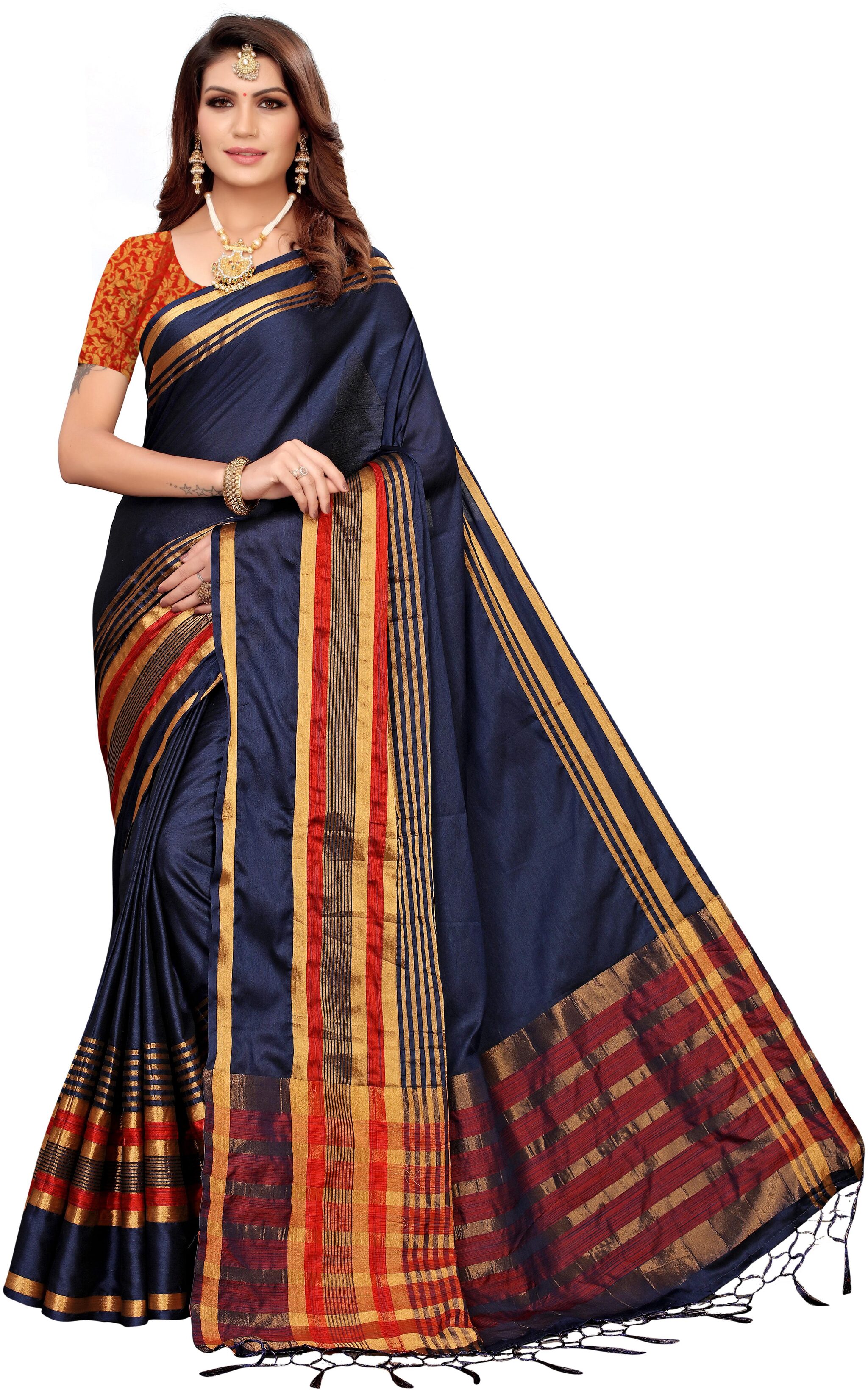 

Indian Beauty Blue Striped Universal Regular Saree With Blouse With blouse
