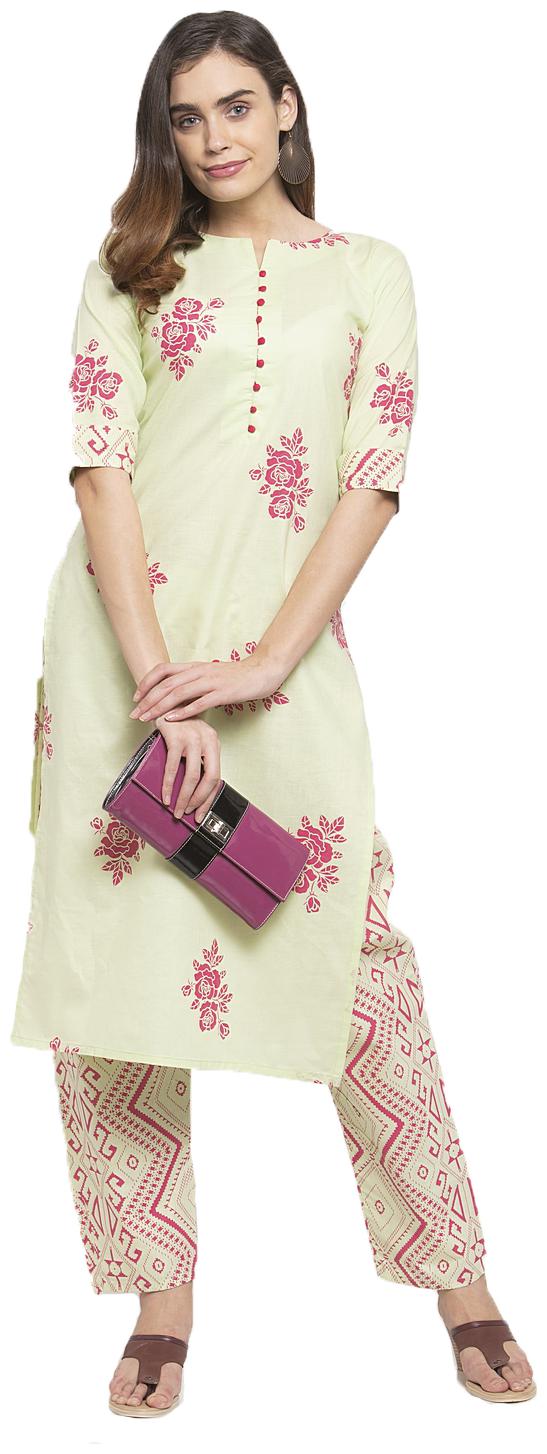

Indian Beauty Women Cream Floral Straight Kurta With Pants