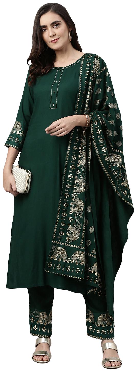

Indian Beauty Women Green Printed Regular Kurta With Pants And Dupatta