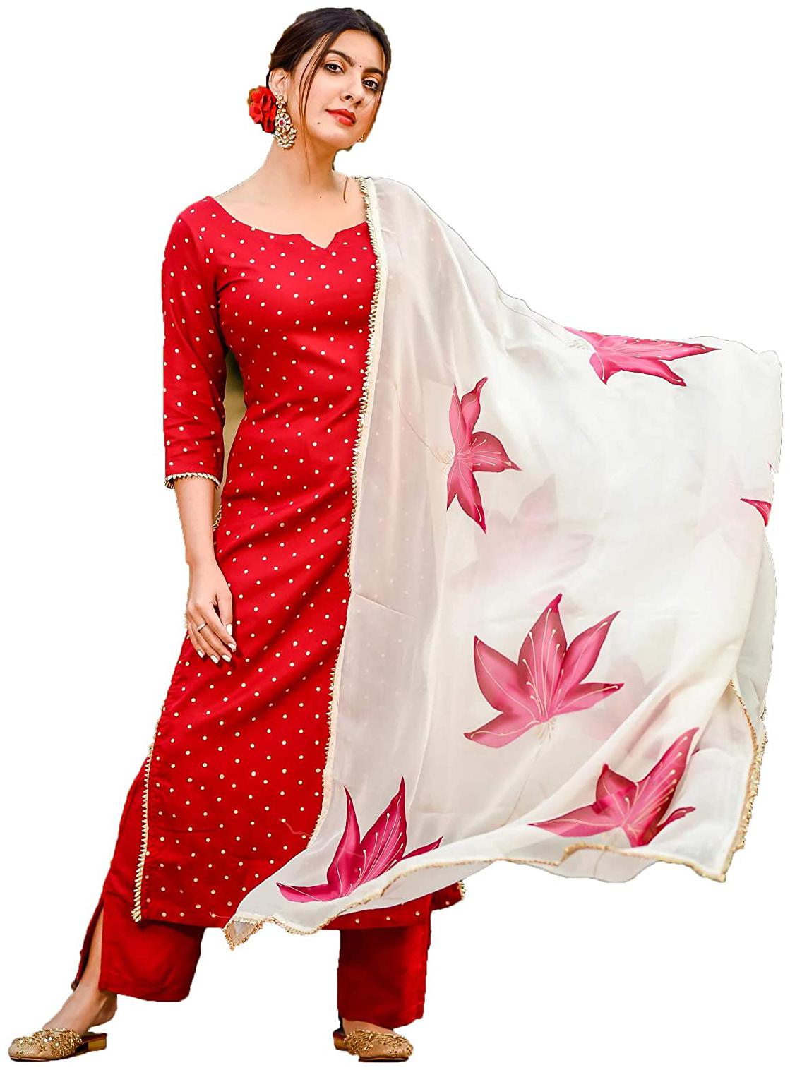 

Indian Beauty Women Red Polka Dots Regular Kurta With Pants And Dupatta
