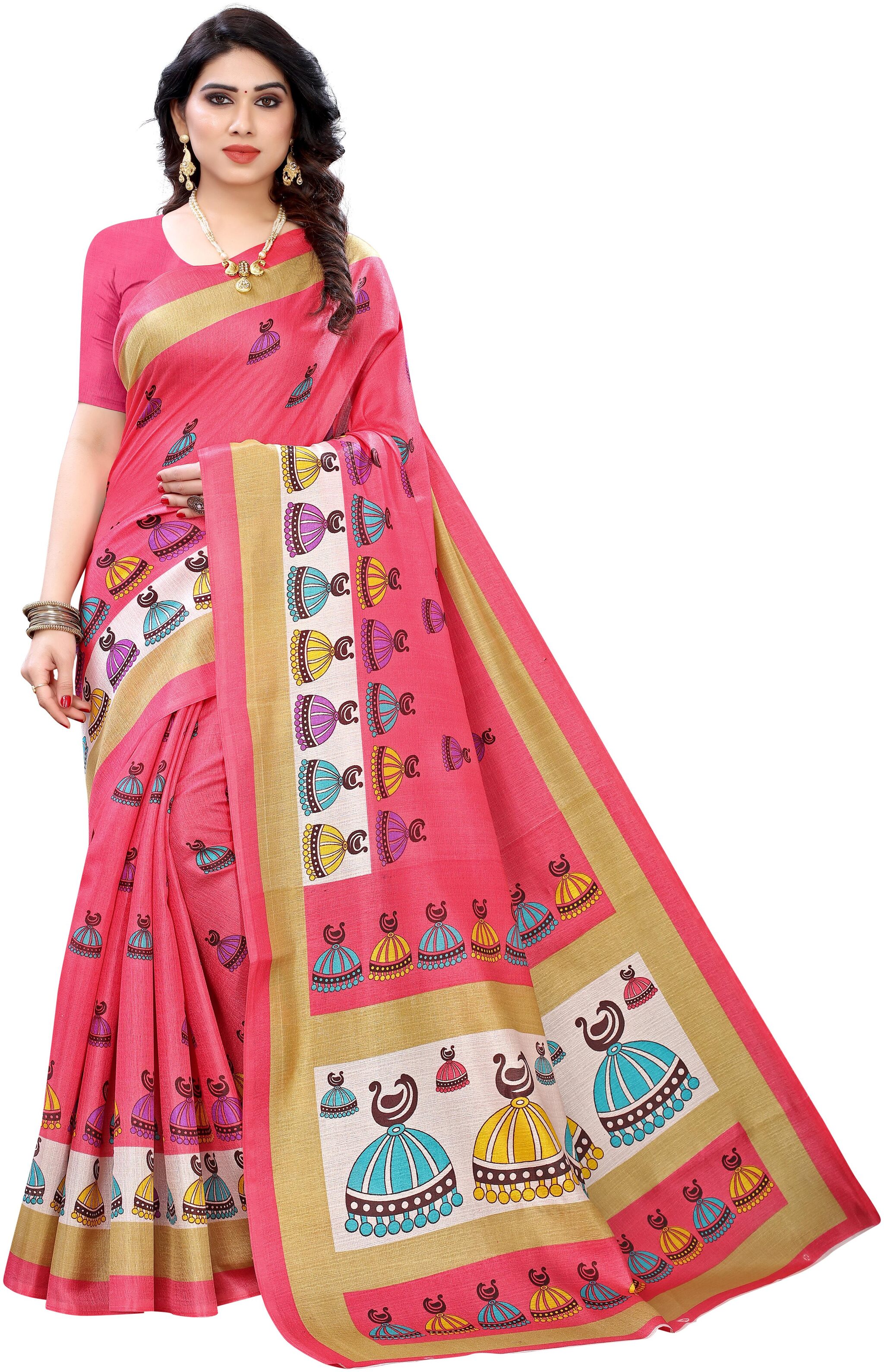 

Indian Beauty Silk Printed Peach Designer Saree Women