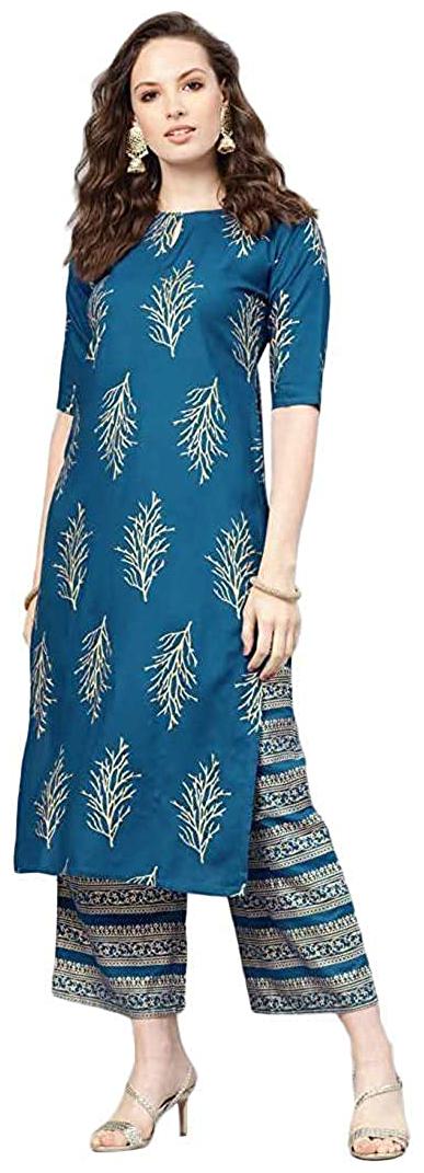

Indian Beauty Women Blue Printed Regular Kurta With Palazzo