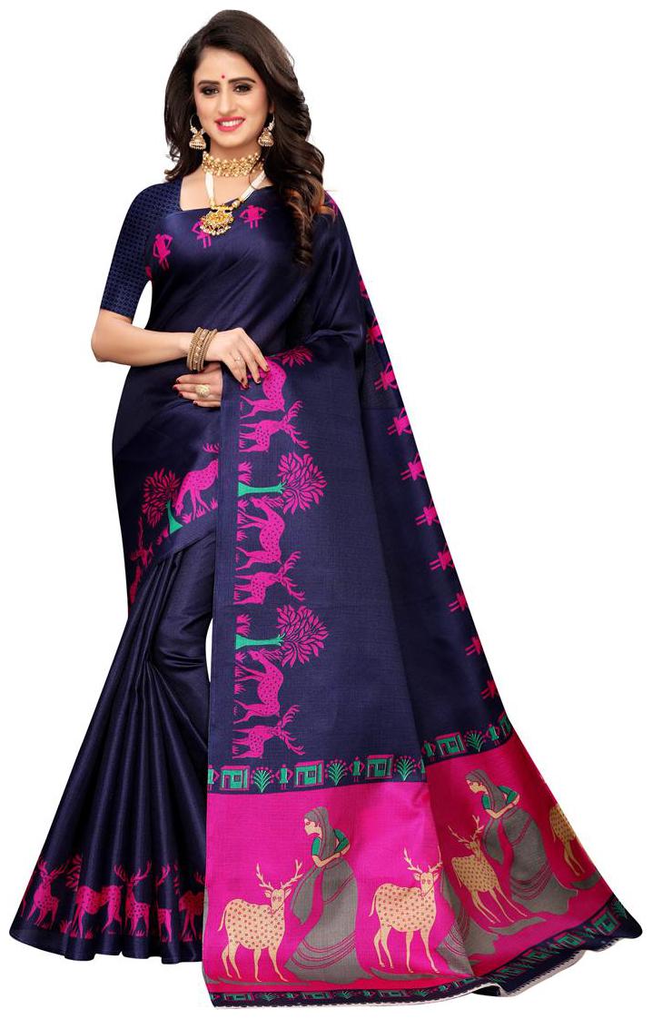

Indian Beauty Silk Animal Print Navy Blue Saree
