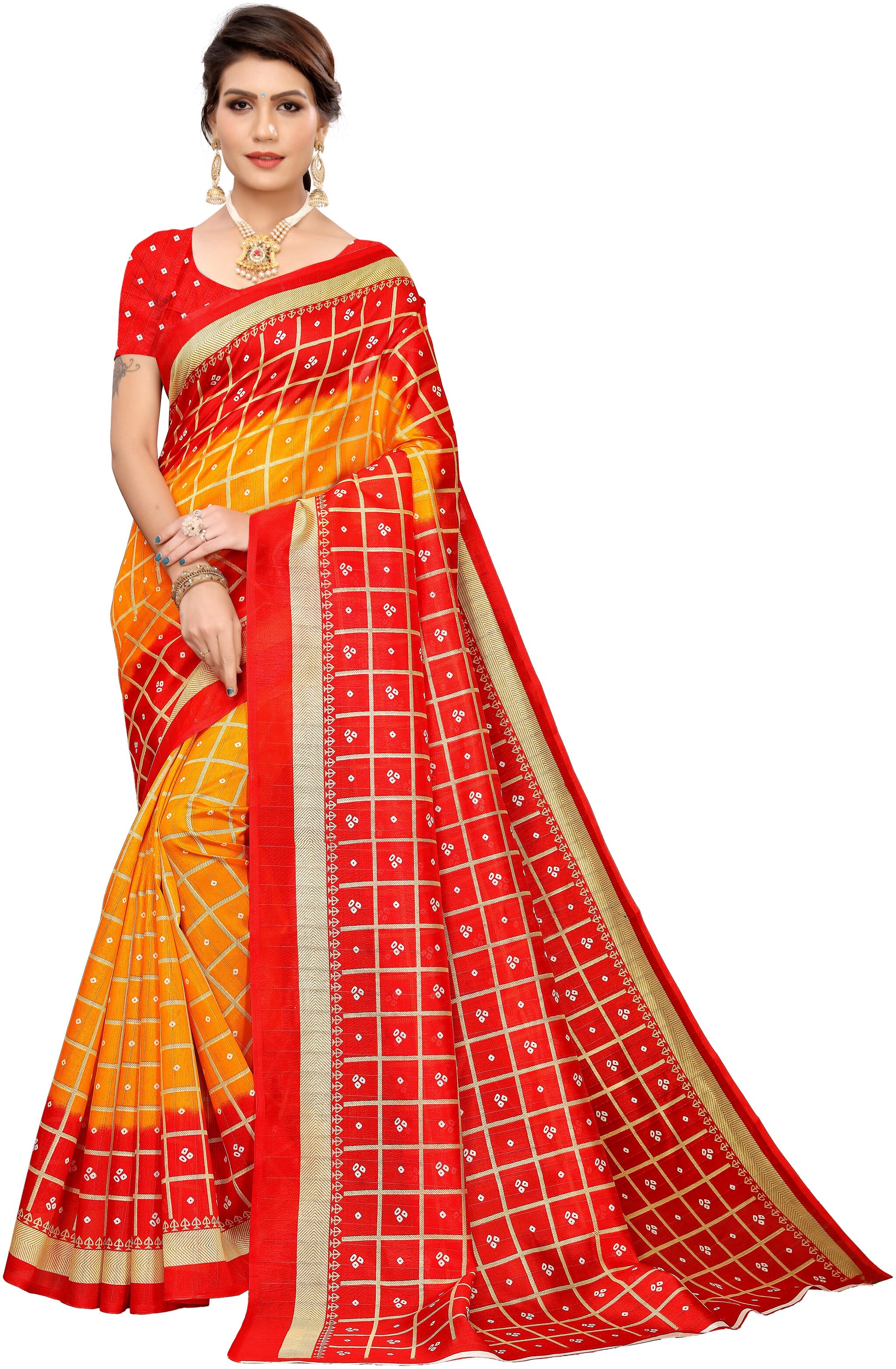 

Indian Beauty Yellow Checkered Universal Regular Saree With Blouse With blouse