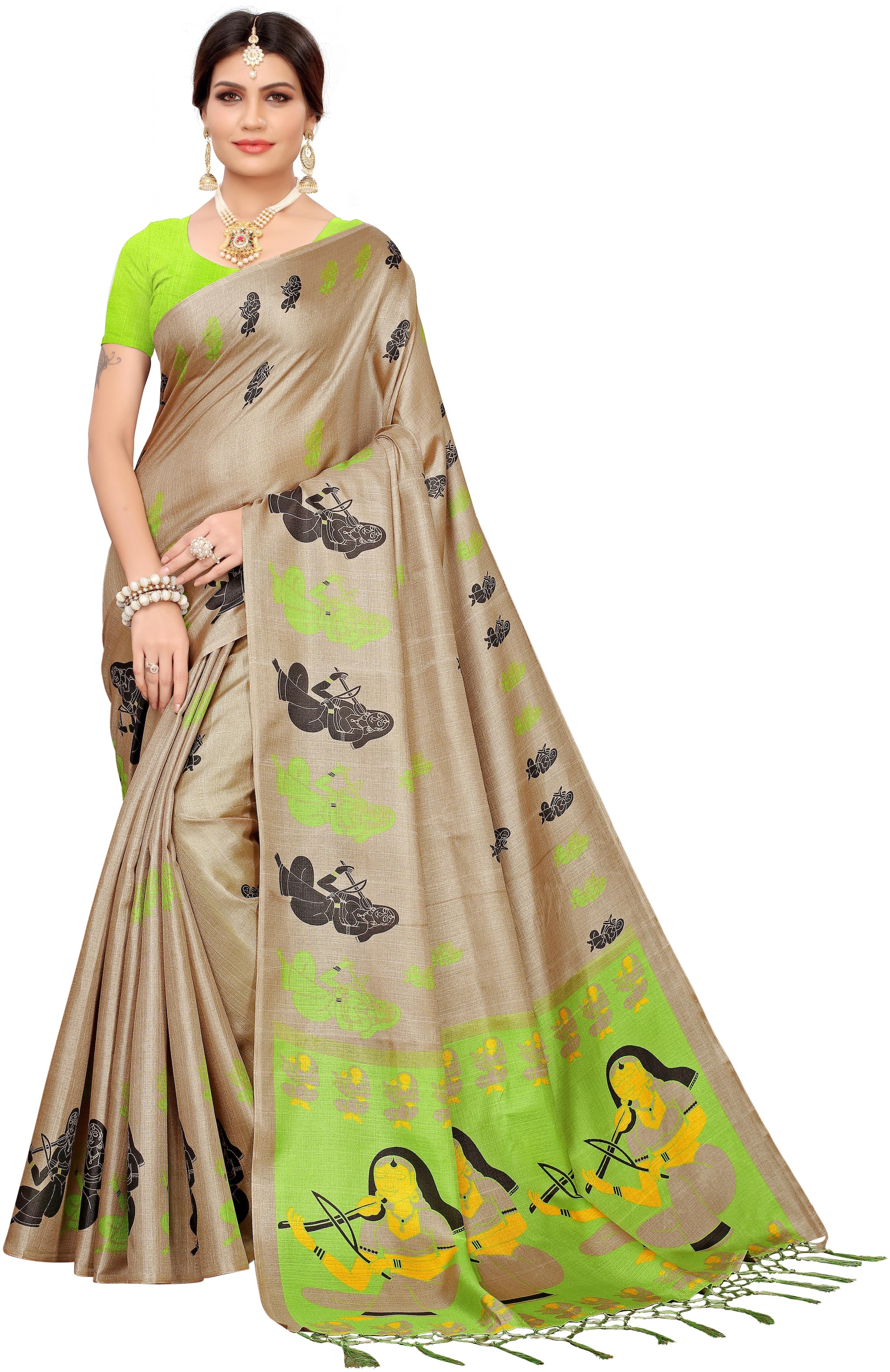 

Indian Beauty Green Checkered Universal Regular Saree With Blouse With blouse