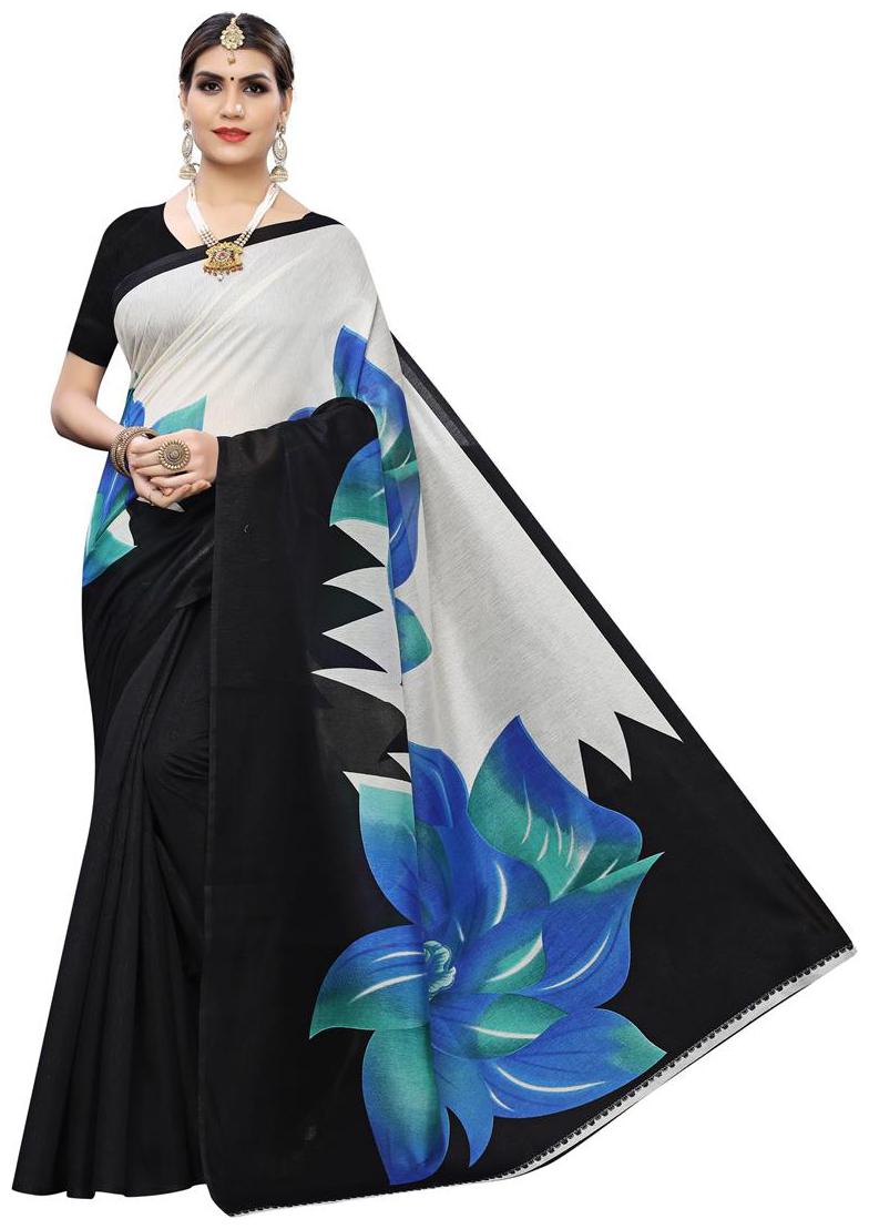

Indian Beauty Silk Floral White Black Saree