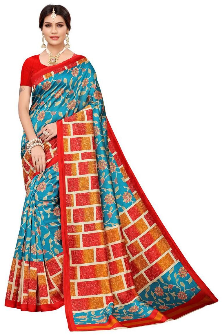 

Indian Beauty Turquoise Floral Universal Regular Saree With Blouse With blouse
