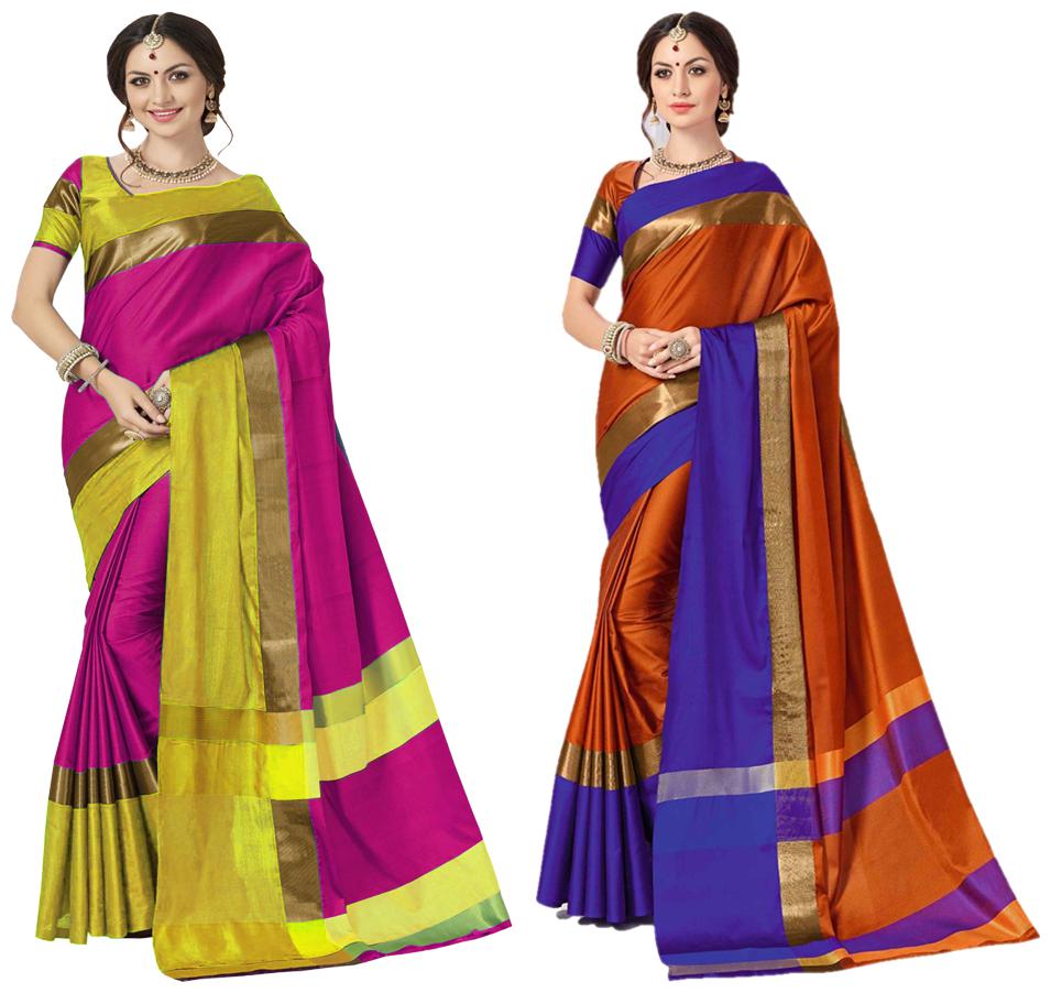 

Indian Beauty Women s Multicolor Cotton Silk Plain Saree With Blouse