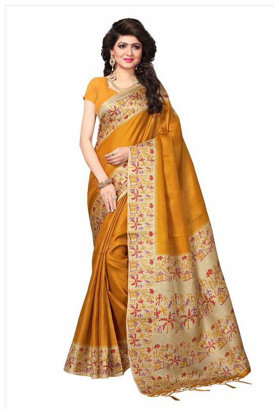 

Indian Beauty Women Yellow Color Khadi Silk Printed Saree Border Tassels With Blouse Piece