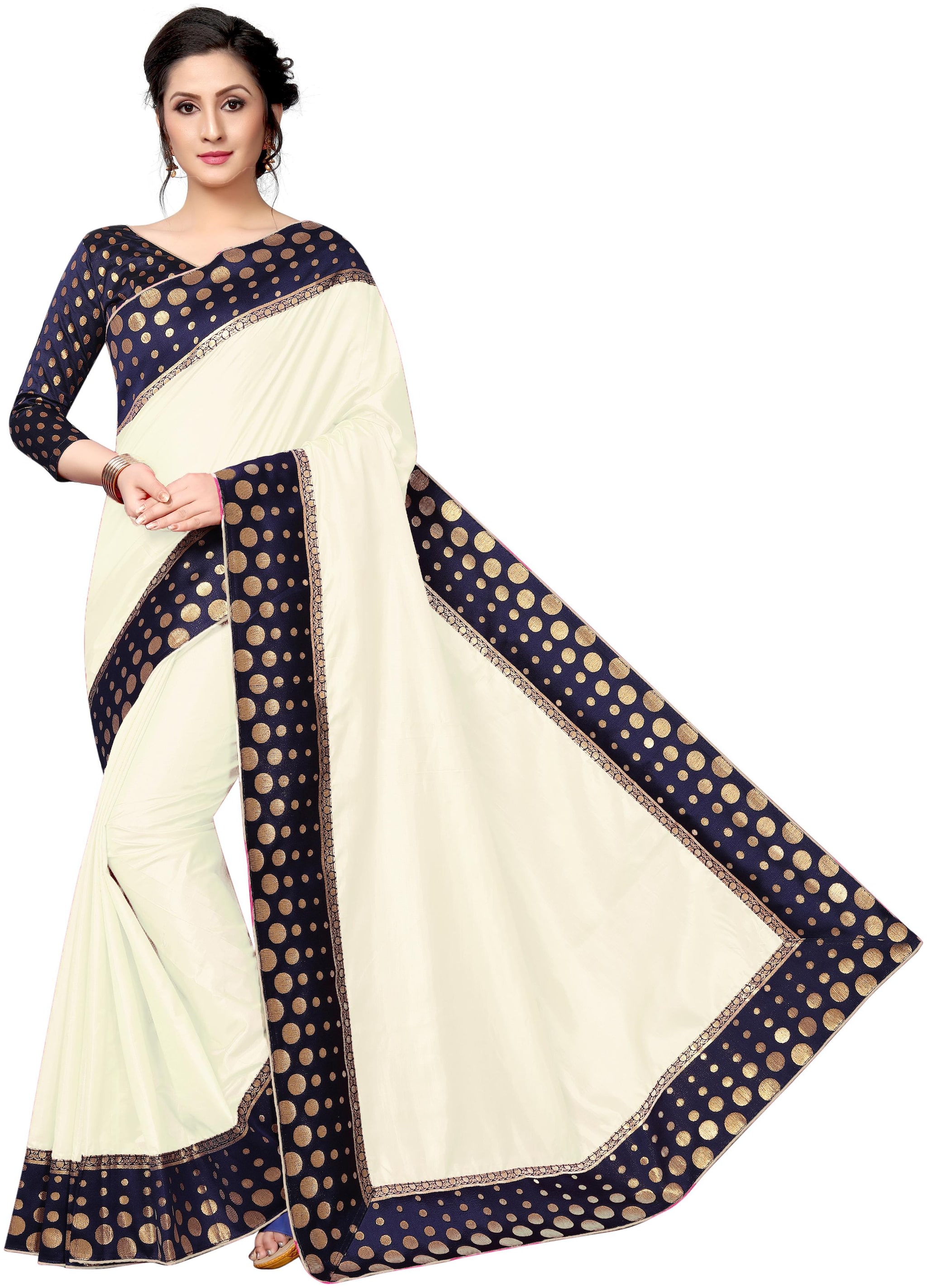 

Indian Beauty Womens White Color Satin Silk Lace Foil Print Saree With Blouse pcs(PAPER POLKA WHITE Free Size)