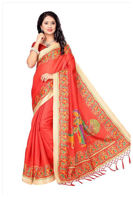 

Indian Beauty Women Red Color Khadi Silk Printed Saree Border Tassels With Blouse Piece