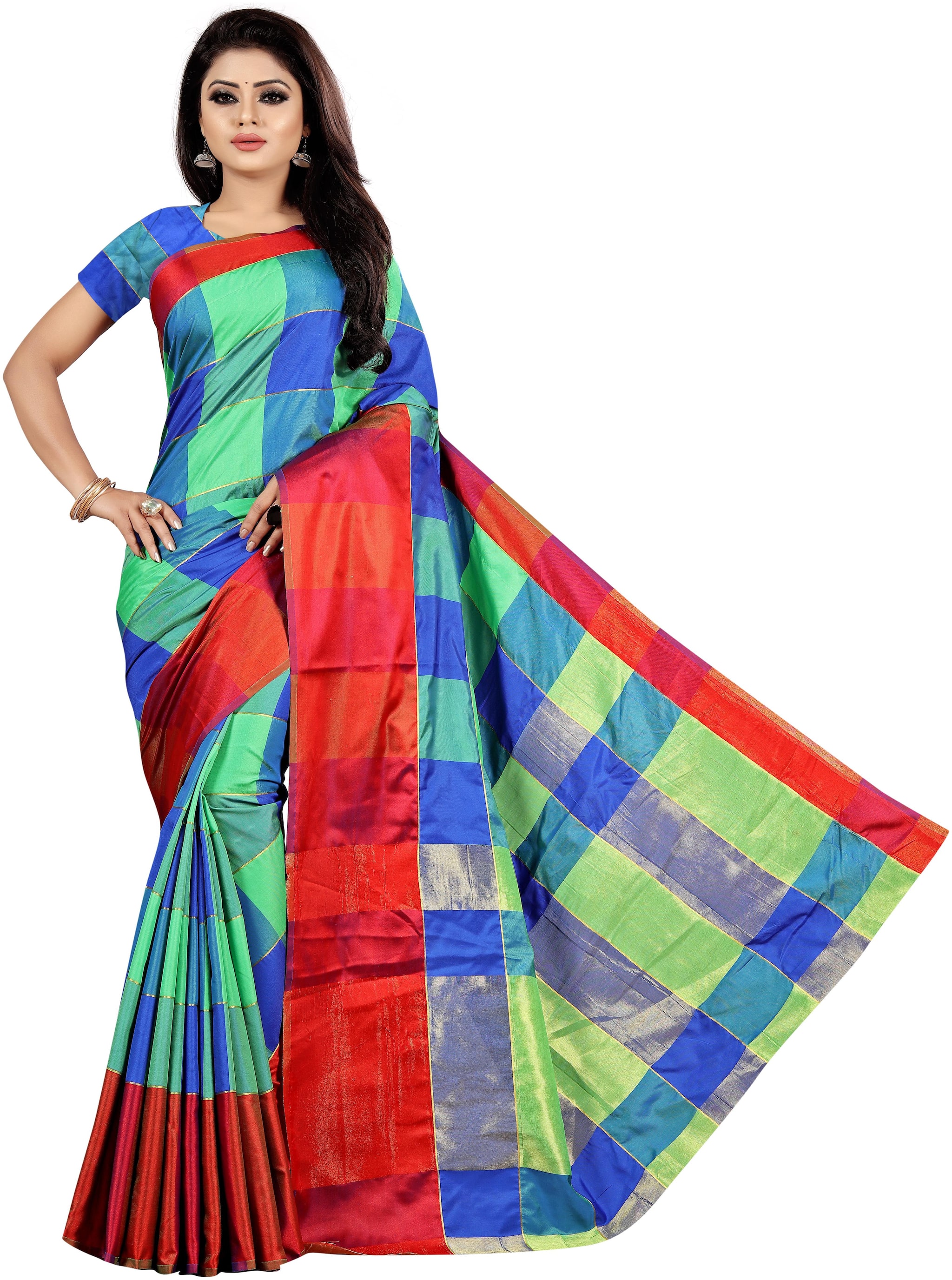 

Indian Beauty Womens Blue Color Cotton Silk Blend Checks Saree With Blouse pcs(SHALIMAAR-BLUE-GREEN Free Size)