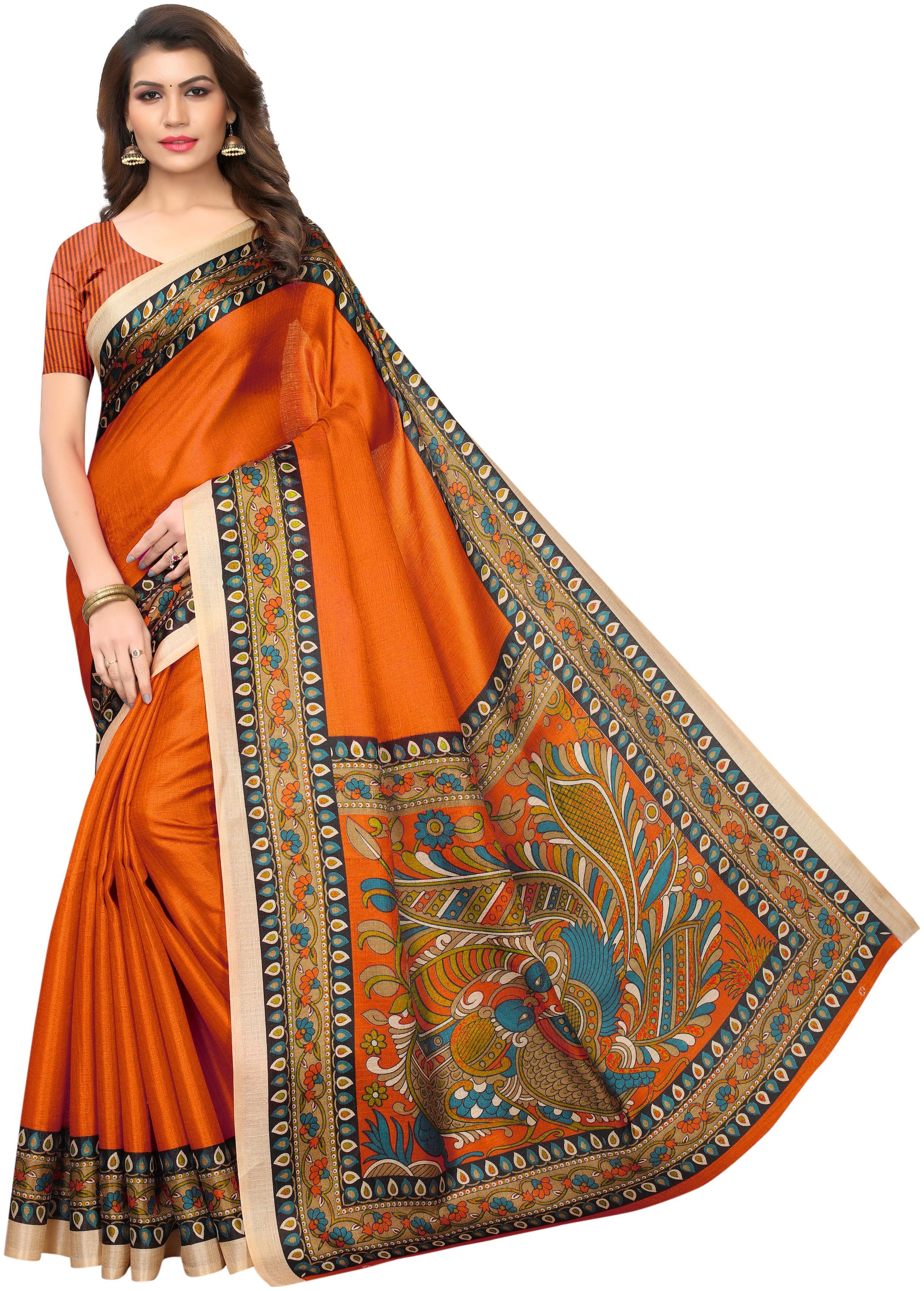 

Indian Beauty Womens Orange Color Kalamkari Silk Printed Saree With Blouse pcs(SANEDO ORANGE Free Size)