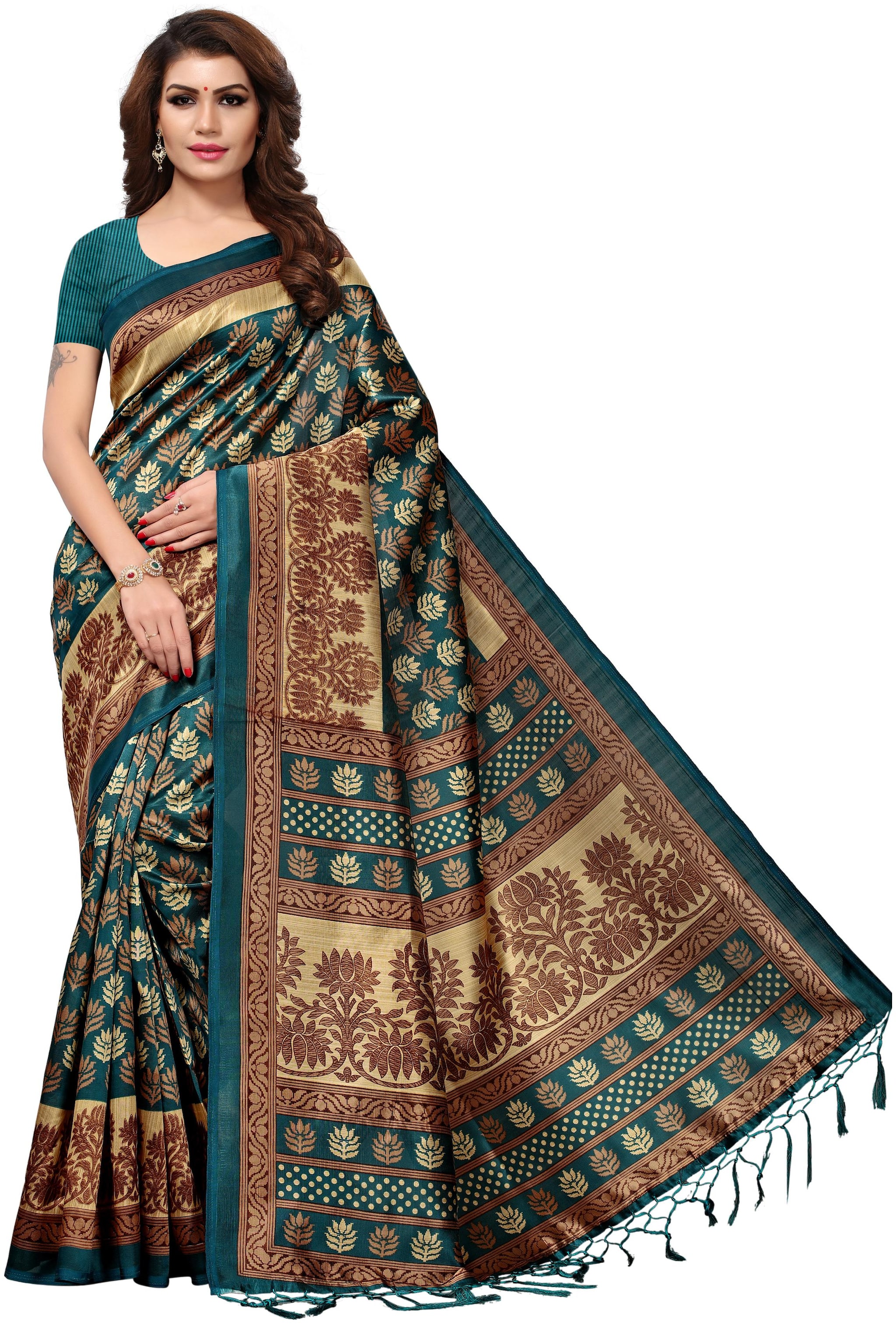 

Indian Beauty Women Rama Color Mysore Art Silk Printed Saree Border Tassels With Blouse Piece