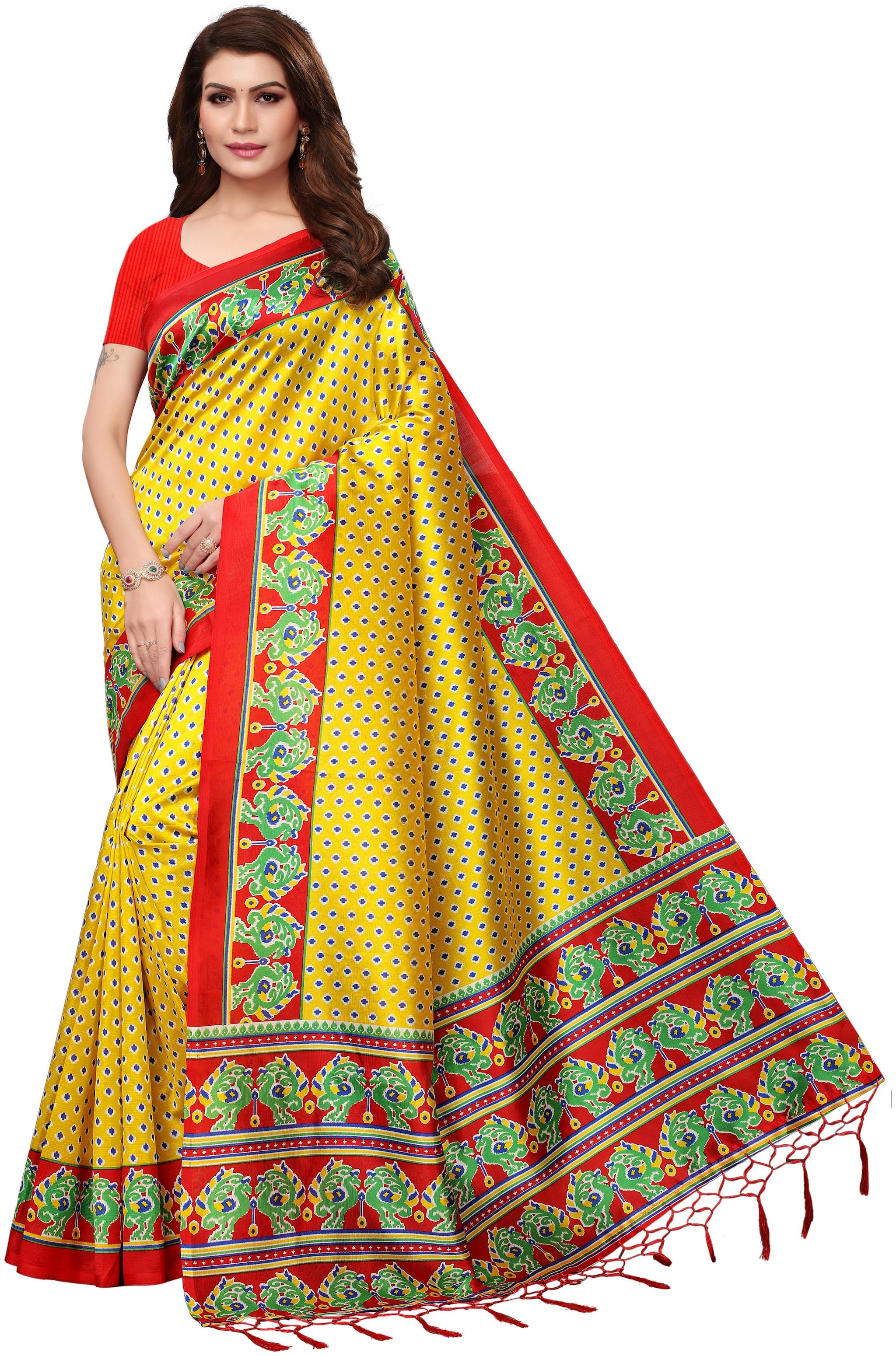 

Indian Beauty Women Yellow Color Mysore Silk Printed Saree Border Tassels With Blouse pcs(SPIDER-YELLOW Free Size)