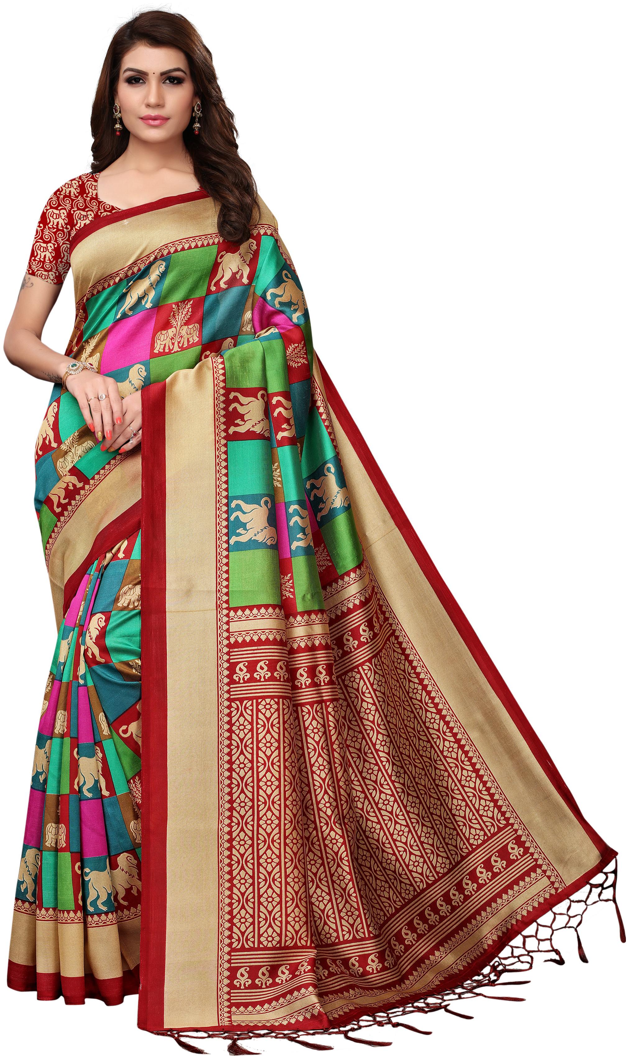 

Indian Beauty Women Red Color Mysore Silk Printed Saree Border Tassels With Blouse pcs(LION-RED Free Size)