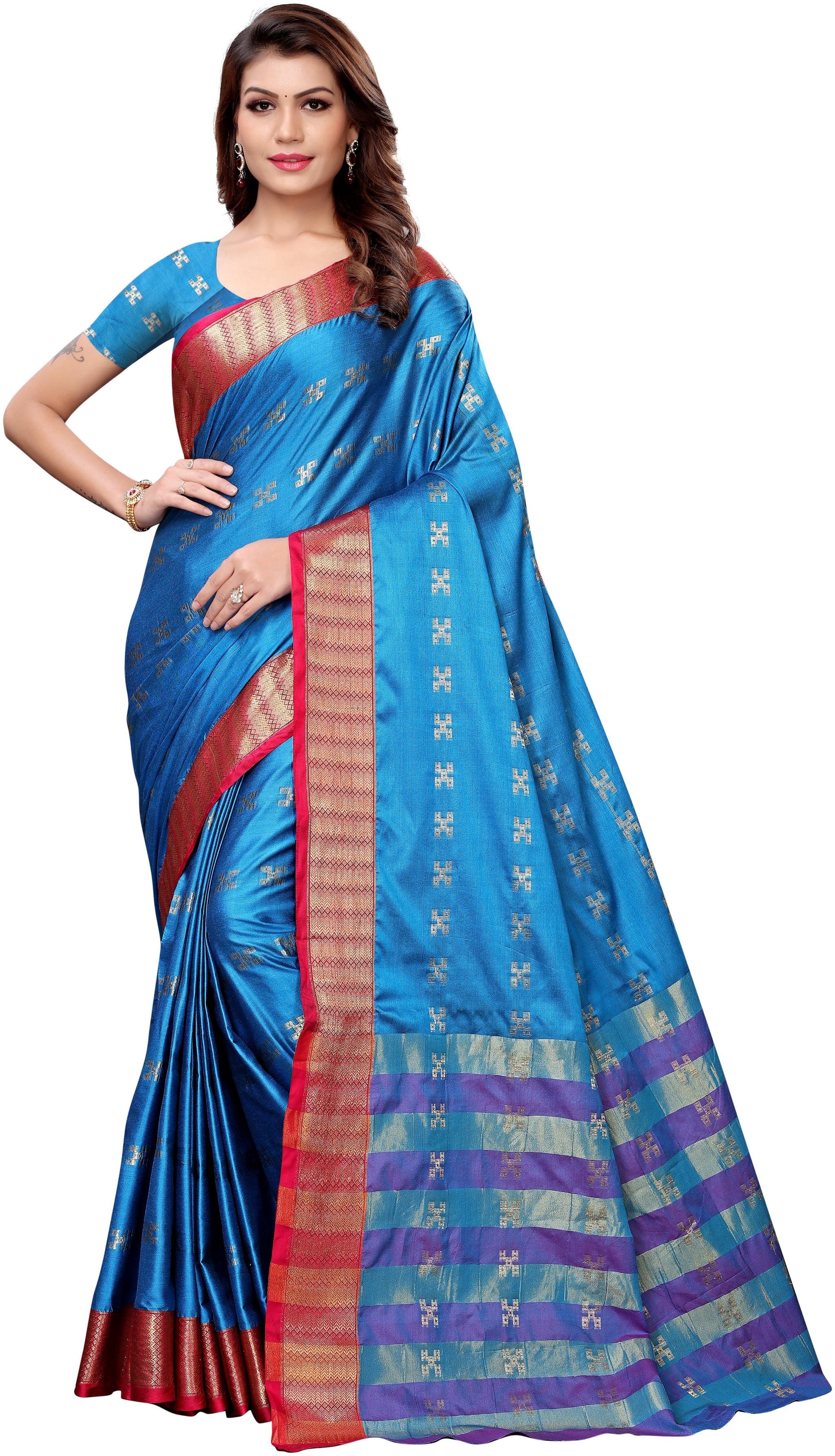

Indian Beauty Women Sky Blue Color Cotton Silk Blend Jacquard Work Saree With Blouse Piece