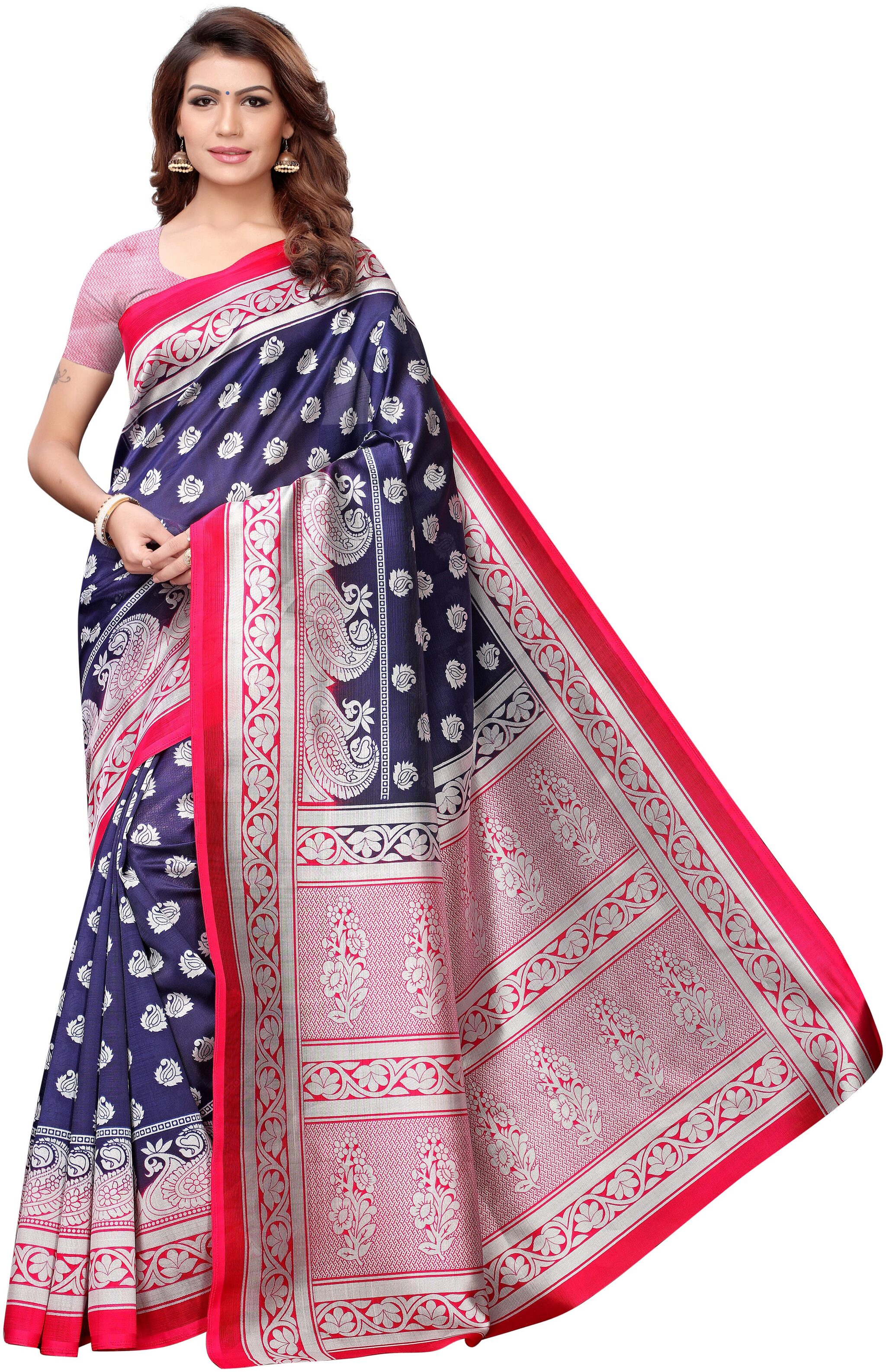 

Indian Beauty Womens Blue Color Kalamkari Silk Printed Saree With Blouse pcs(ASHVIKA-NAVY BLUE Free Size)