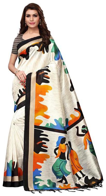 

Indian Beauty Women Multi Color Mysore Silk Printed Saree Border Tassels With Blouse Piece