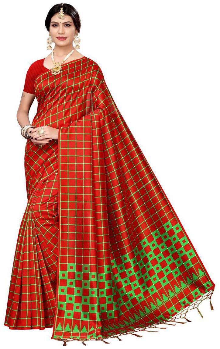 

Indian Beauty Women Red Color Mysore Silk Saree Border Tassels With Blouse Piece