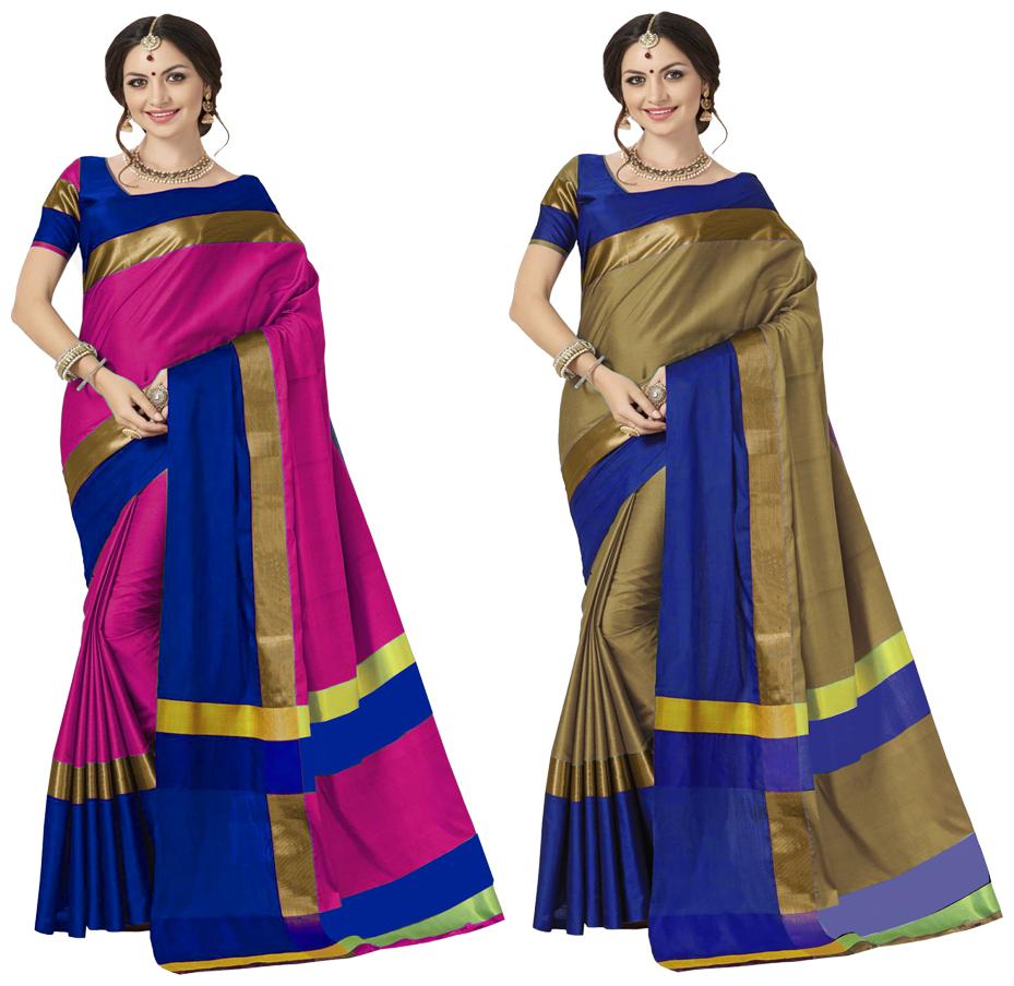 

Indian Beauty Women s Multicolor Cotton Silk Plain Saree With Blouse