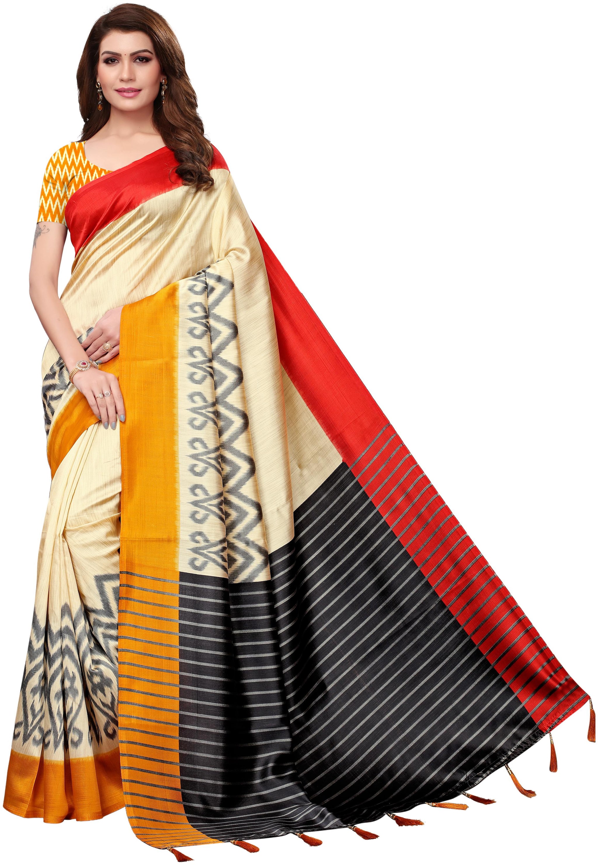 

Indian Beauty Women Yellow Color Mysore Silk Printed Saree Border Tassels With Blouse pcs(JASMINE-YELLOW-RED Free Size)