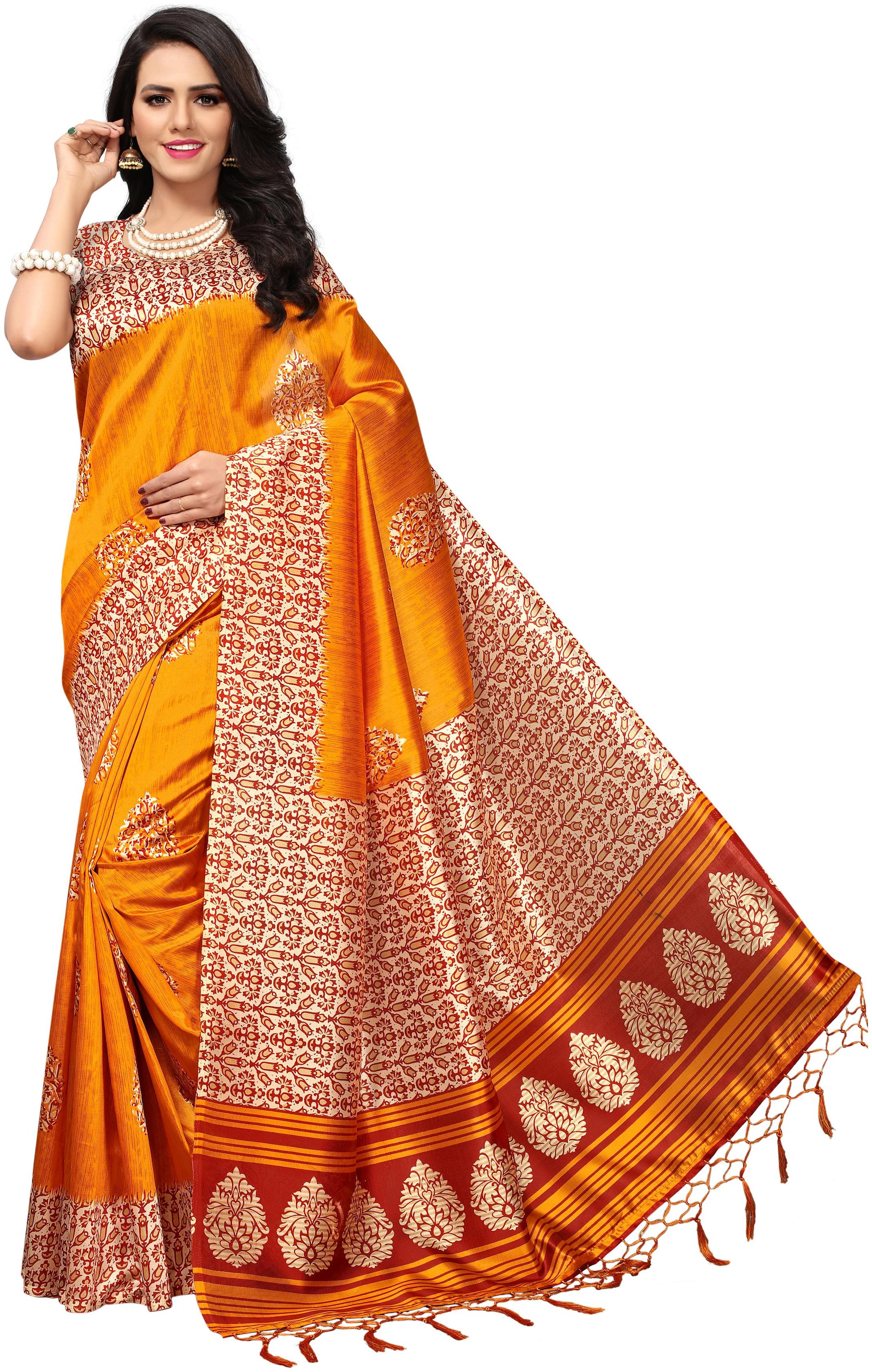 

Indian Beauty Women s Yellow Color Mysore Silk With Tessals Printed Saree With Blouse