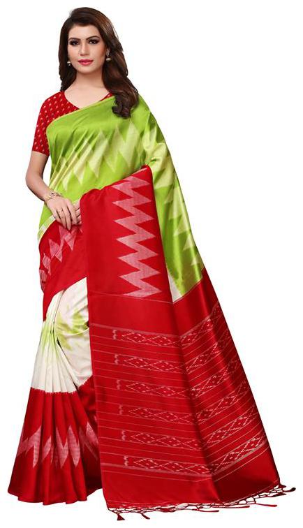 

Indian Beauty Women Multi Color Mysore Silk Printed Saree Border Tassels With Blouse Piece