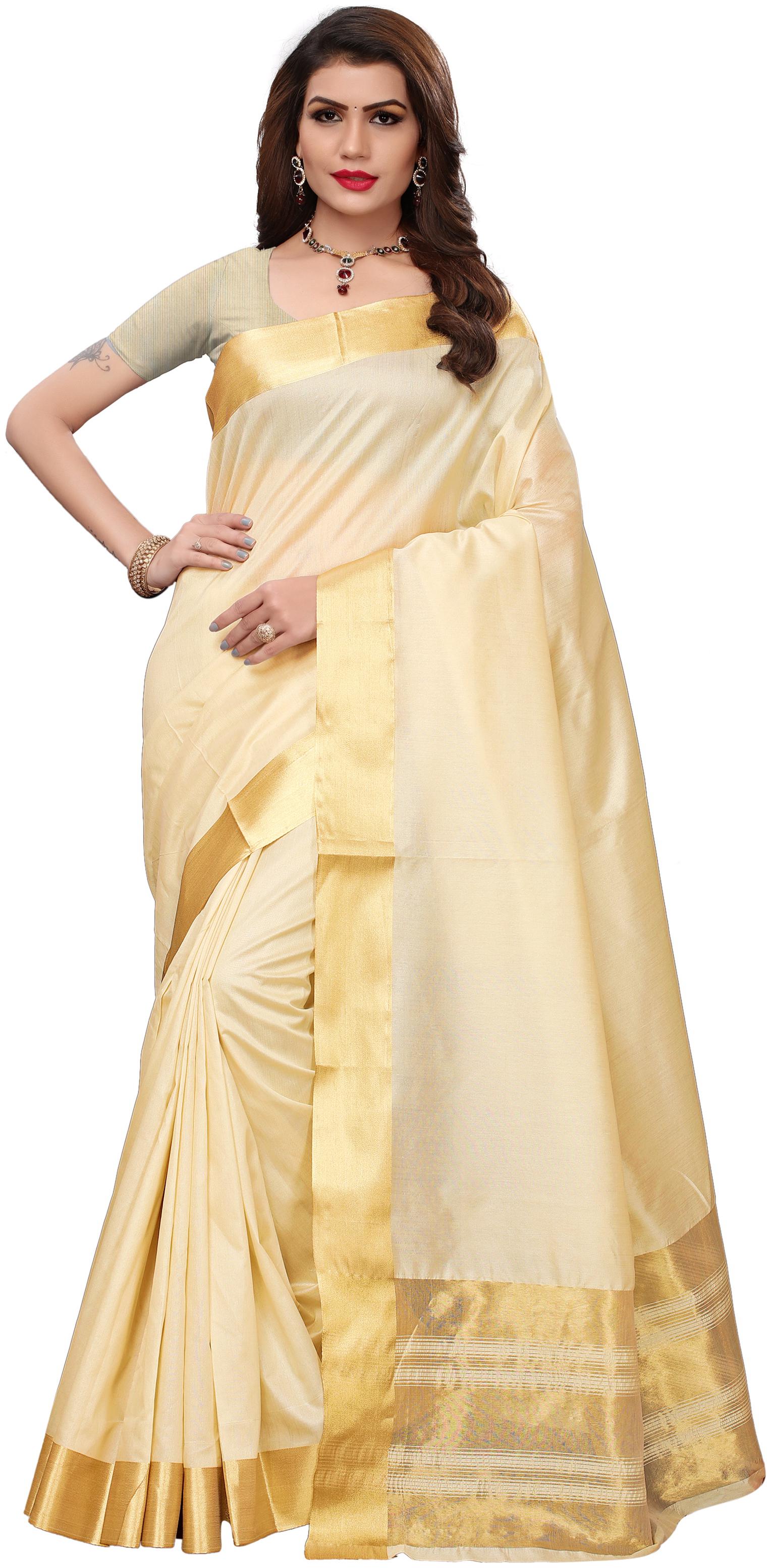 

Indian Beauty Women White Color Cotton Silk Plain Saree With Blouse Piece