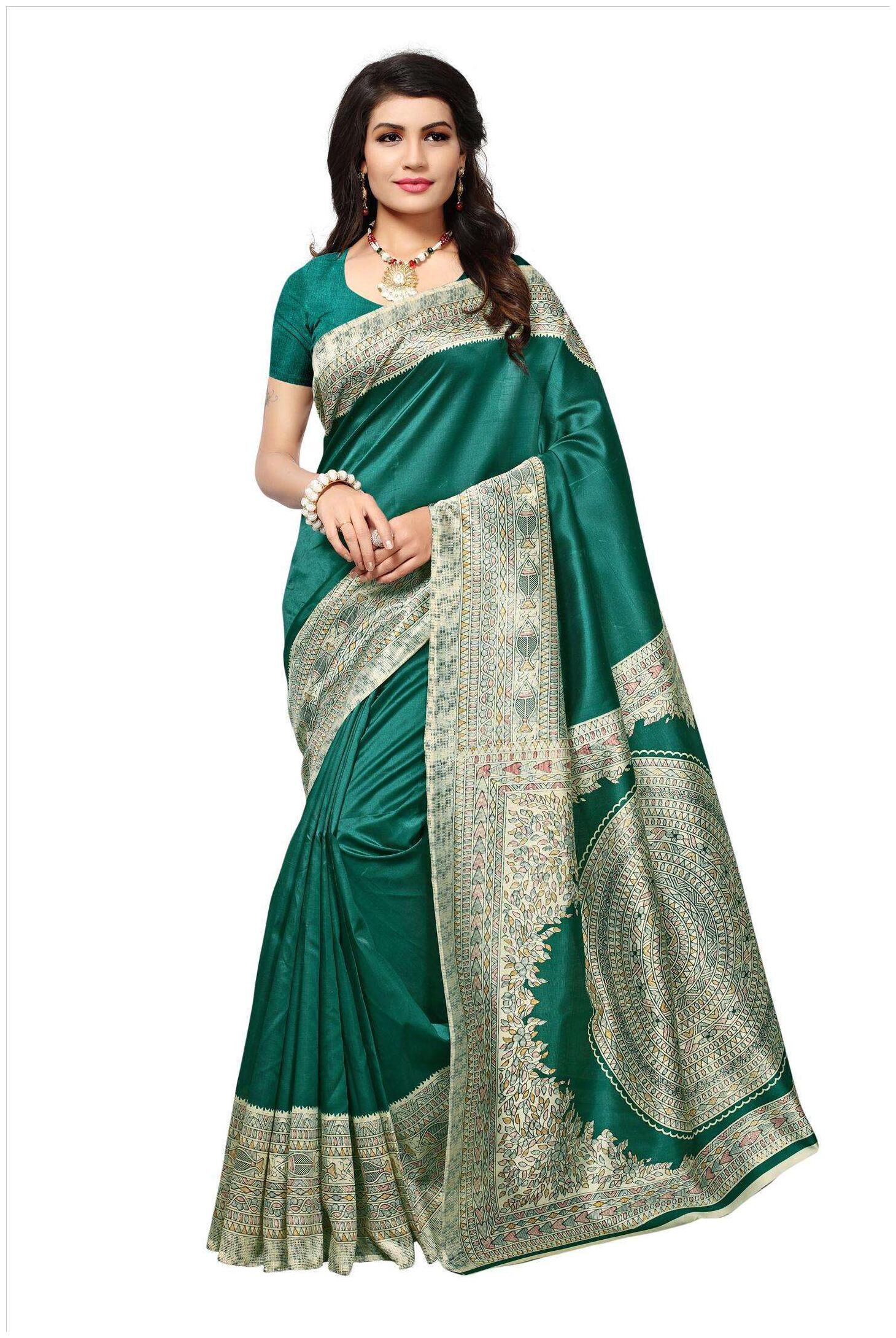 

Indian Beauty Women s Green Color Kalamkari Mysore Silk Printed Saree With Blouse