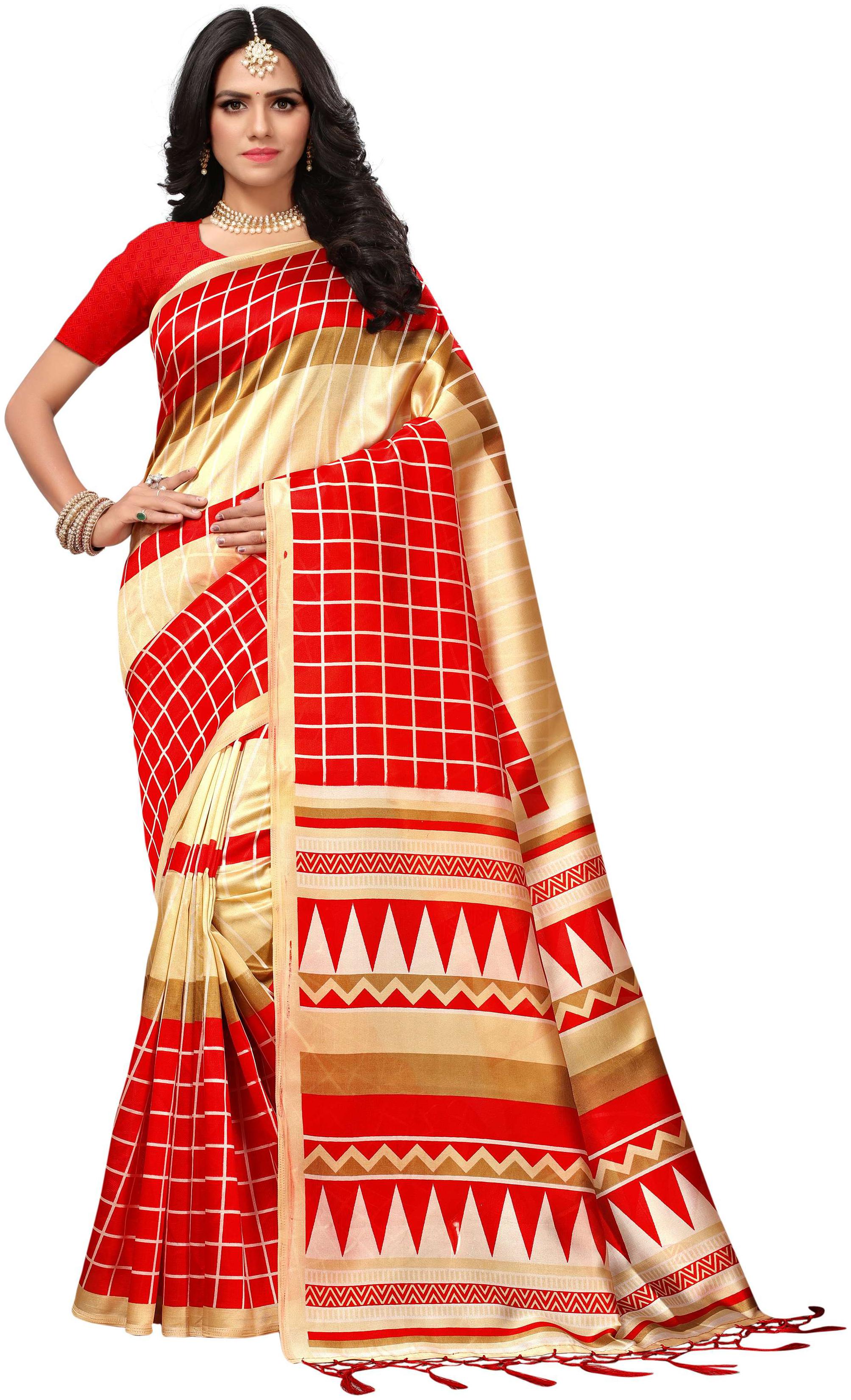 

Indian Beauty Women s Red Color Mysore Silk With Tessals Printed Saree With Blouse