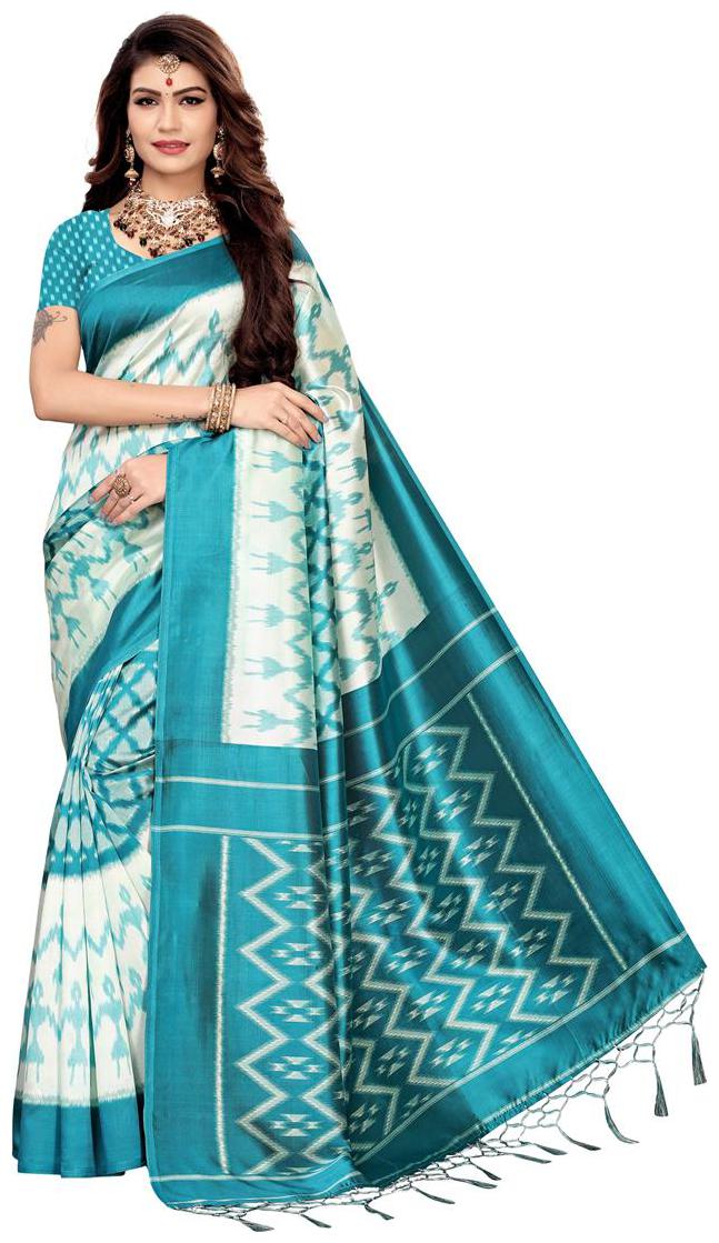 

Indian Beauty Women Silk Saree With Blouse Turquoise White Color