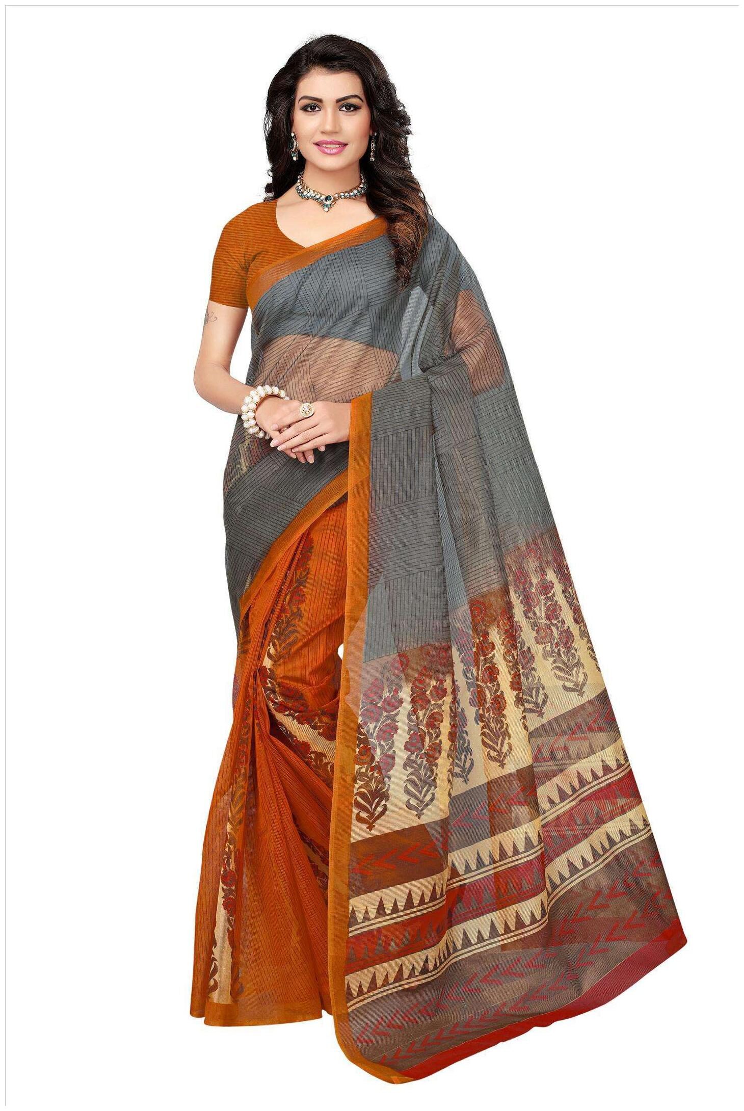 

Indian Beauty Women s Mustard Color Kota Doria Printed Saree With Blouse