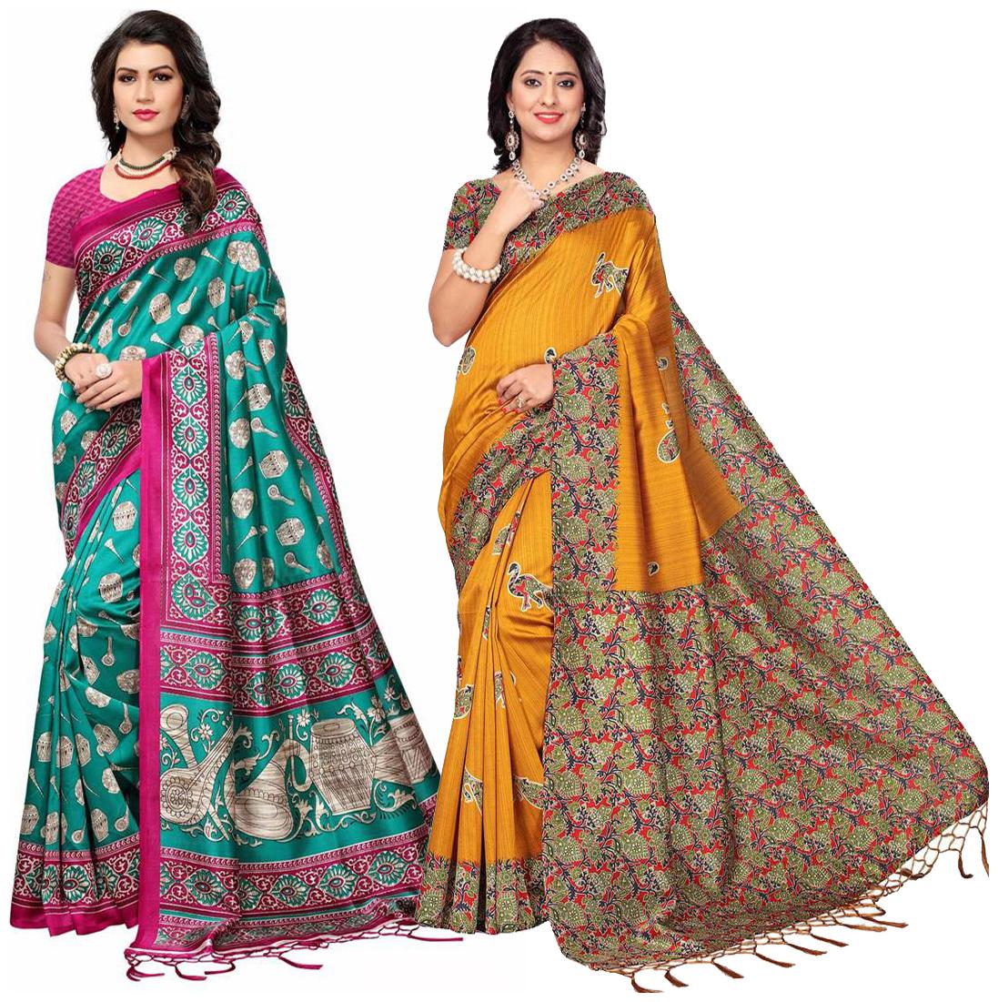 

Indian Beauty Women s Multi Color Mysore Silk With Jhalar Saree With Blouse Piece (Pack Of 2) Sarees