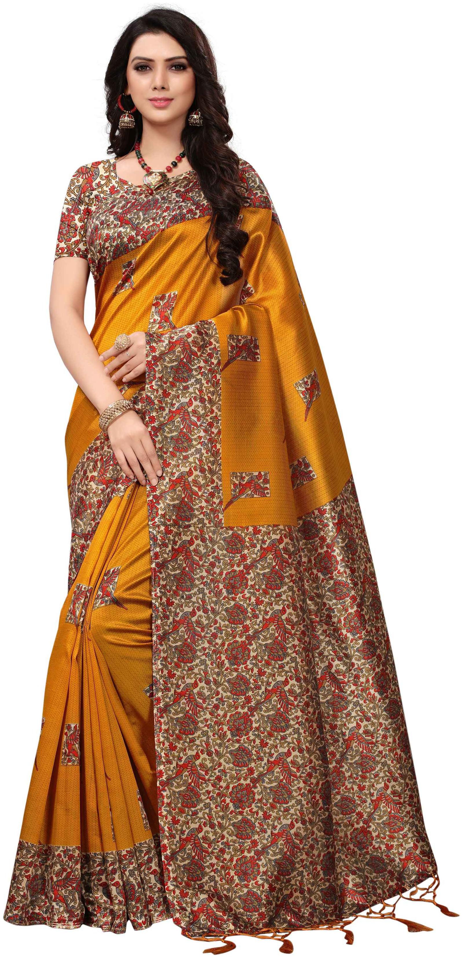 

Indian Beauty Women s Yellow Color Mysore Silk With Tessals Printed Saree With Blouse